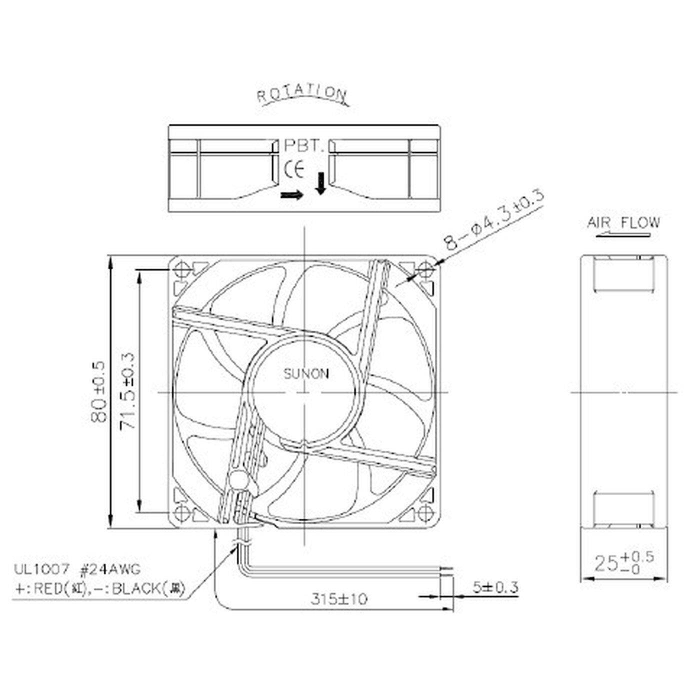 Fan 12V DC 0,48W 80x80x25mm 40,6m³/h 2000U/Min 40,6m³/h Sunon HA80251V41000UA99