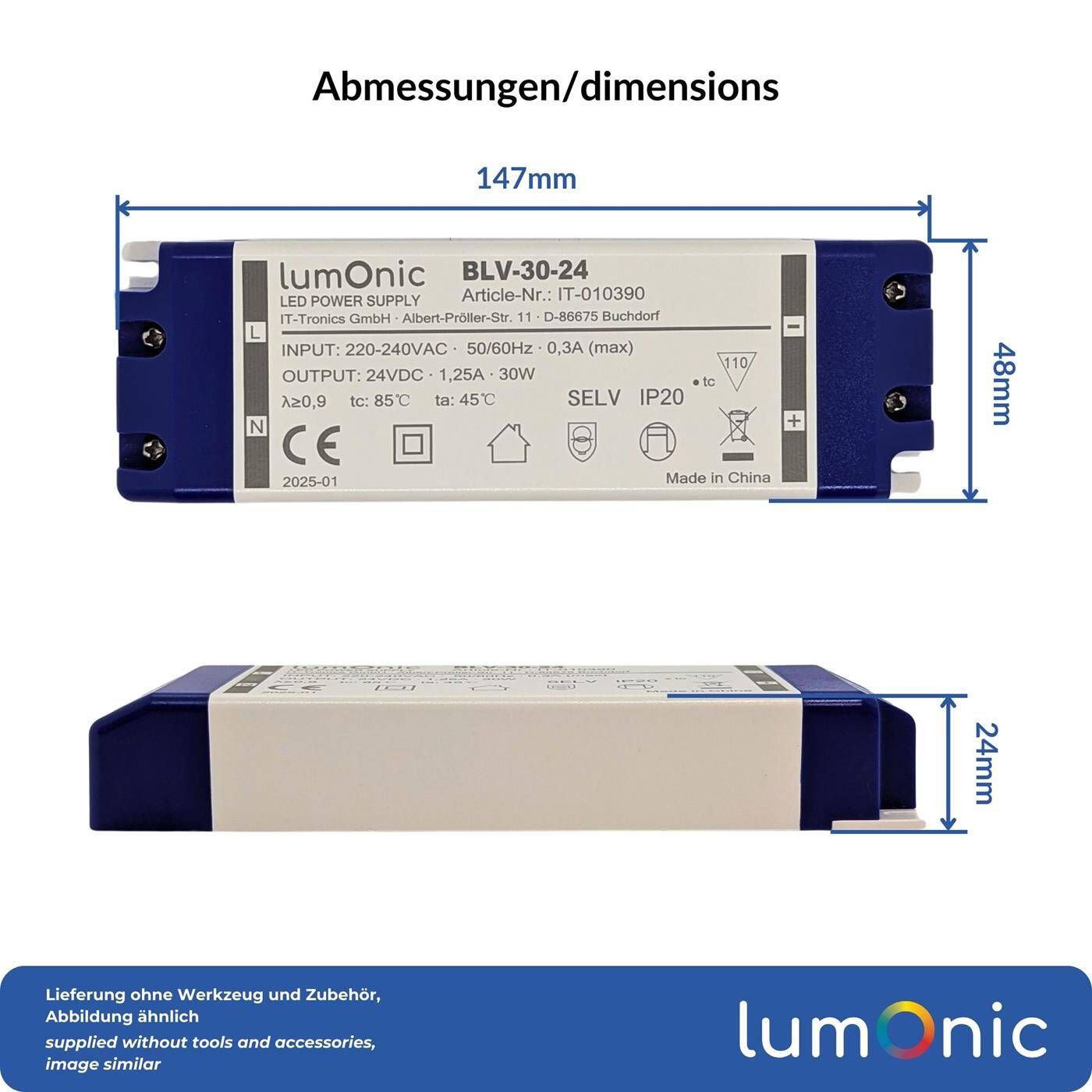 Lumonic I LED transformer BLV-30-24 I 24V 30W I Input 220-230VAC I flicker-free I Overload protection I LED power supply unit I for LED lighting