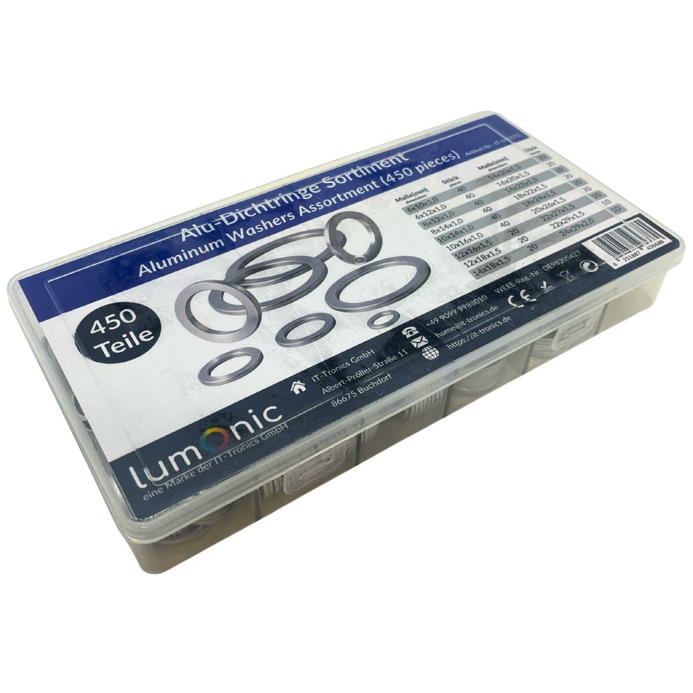 Lumonic Aluminium Dichtring Sortiment | 450 Teile, 18 Größen (6-24mm) | Alu Flachdichtungen | in praktischer Sortimentsbox