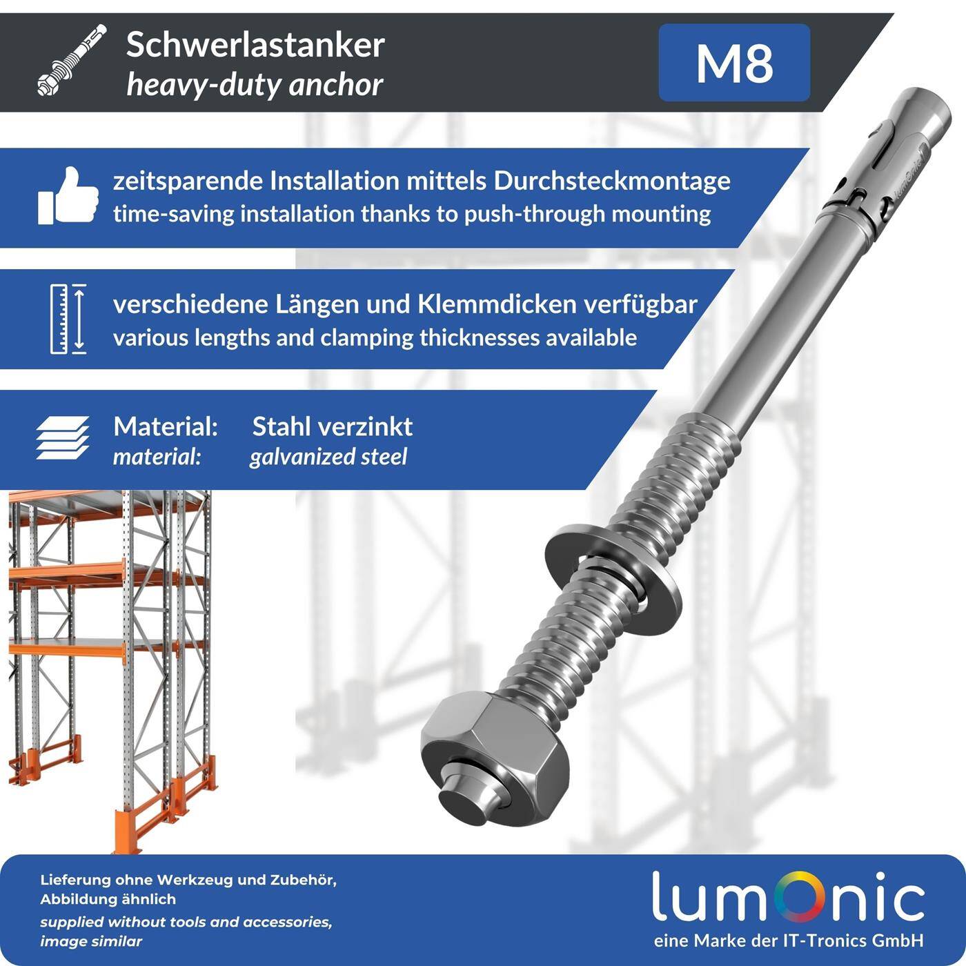 Lumonic Heavy Duty Anchor M8 x 150mm | High-quality galvanized wedge anchors | Push-through mounting, IMMEDIATELY LOADABLE | Concrete anchor, Heavy duty anchor | for canopies, Railing, Shelves, Partition walls