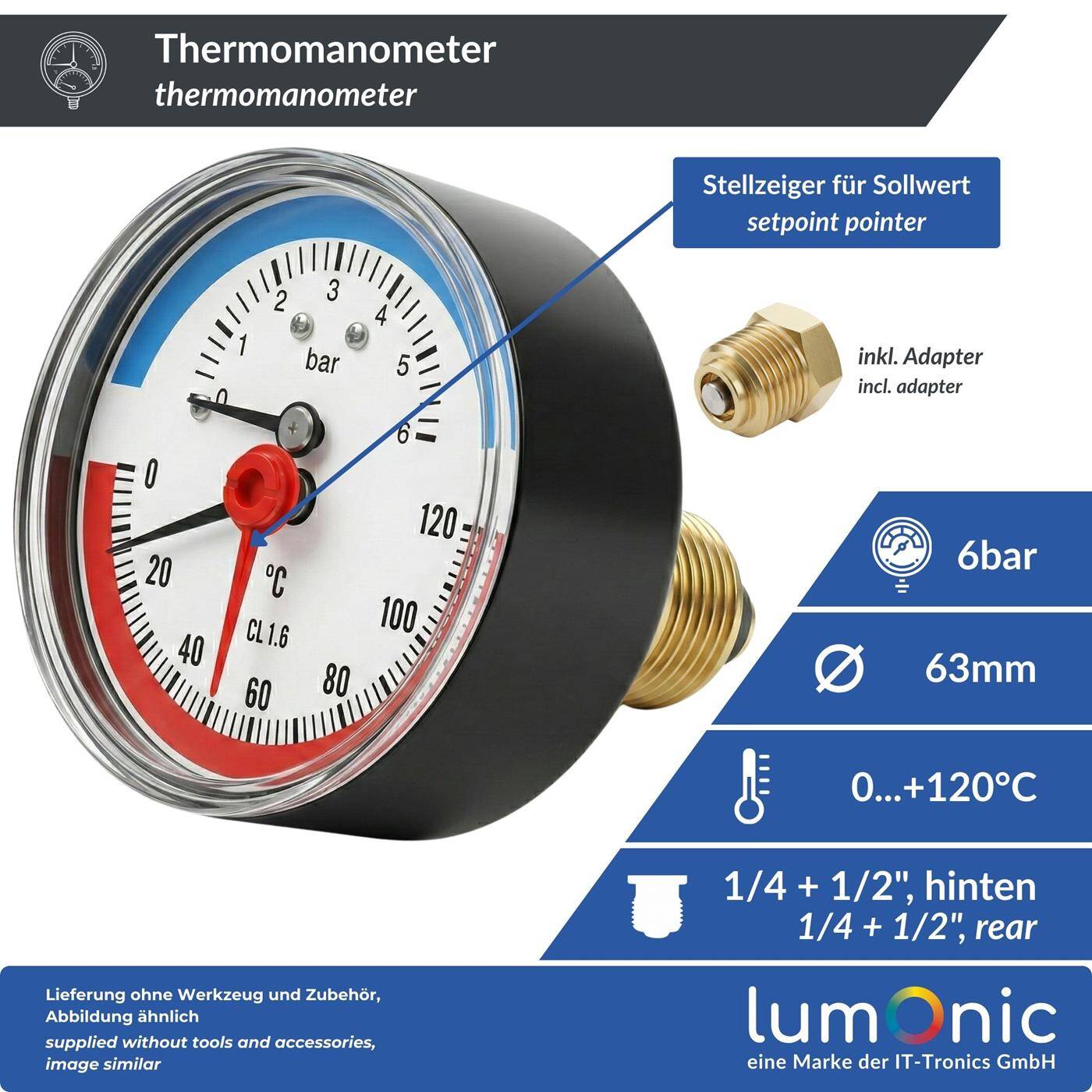 Lumonic Thermomanometer 6bar 0-120°C | 1/4 + 1/2 inch (adapter) | Rear connection | Ø 63mm, large scale | Heating pressure gauge | Metal housing