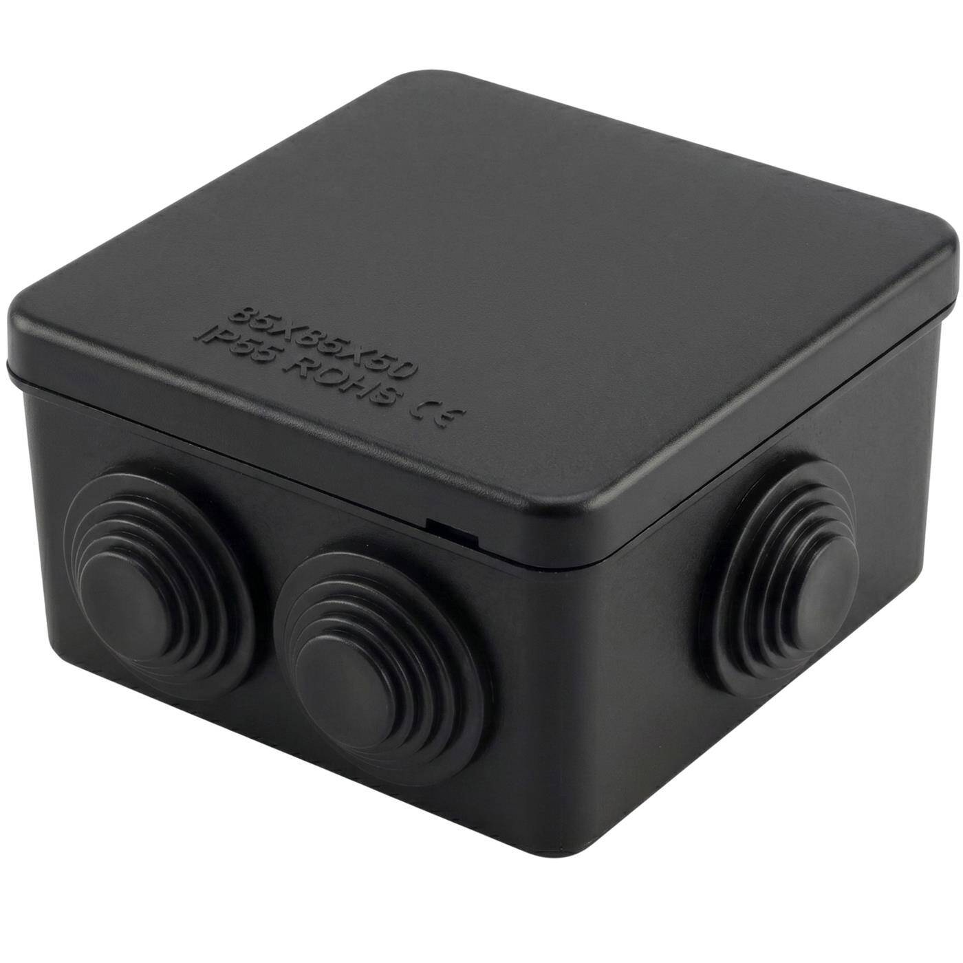 Lumonic Verteilerdose Aufputz IP55 schwarz | Kompakt 85x85x50mm, 7 Kabeleinführungen | Steckdeckel für schnellen Zugriff | Hochwertiges PVC | Innenraum, Keller, Garage, Vordach