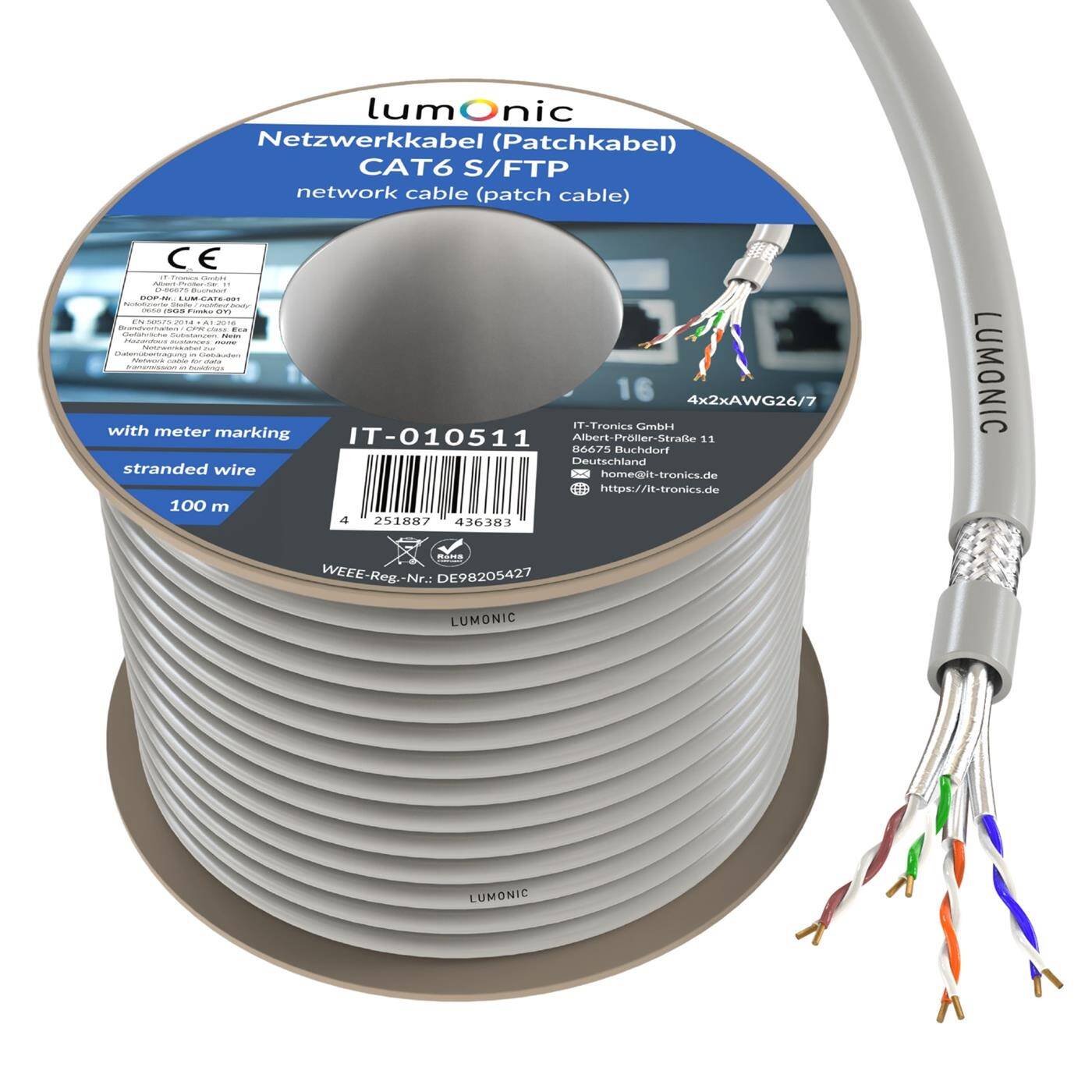 Lumonic LAN Netzwerkkabel 100m | LAN Kabel CAT6 S/FTP | Patchkabel  4x 2x AWG26/7 (verseilt) | 250MHz 10 Gbit/s Ethernet