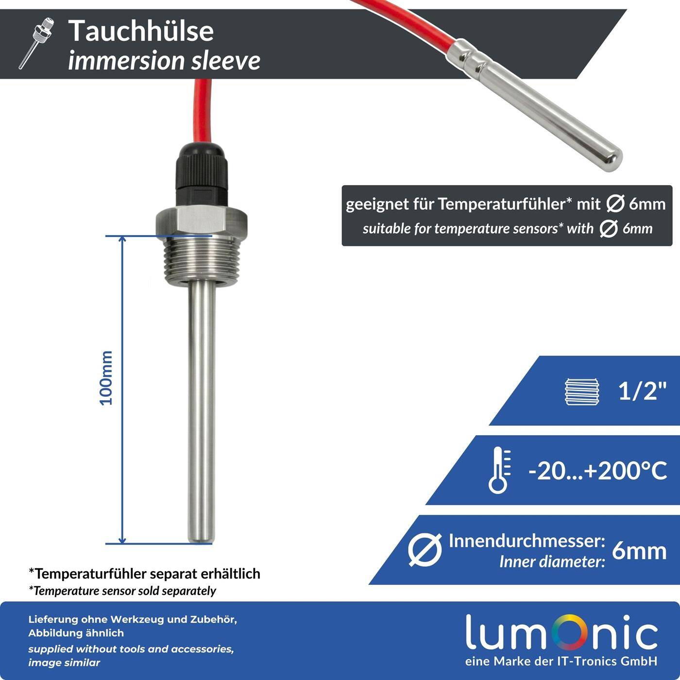 Immersion sleeve V2A stainless steel 1/2 inch 100mm for 6mm temperature sensor for solar heating buffer tank + Smart Home