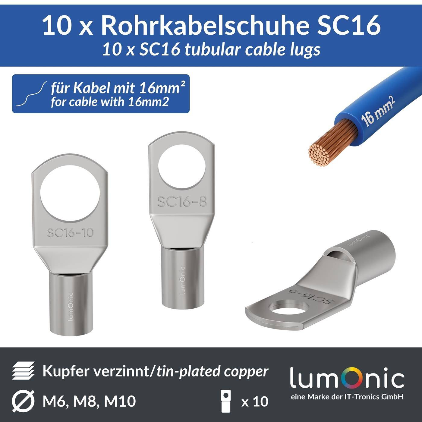 Lumonic 10x Rohrkabelschuh 16mm² blank | M6 | Kupfer verzinnt | Kabelverbindung ohne Löten | SC16-6, Set mit 10 Stück Crimp-Kabelschuh, Quetschverbinder | KFZ, Maschinenbau, Wohnmobil, Batterie