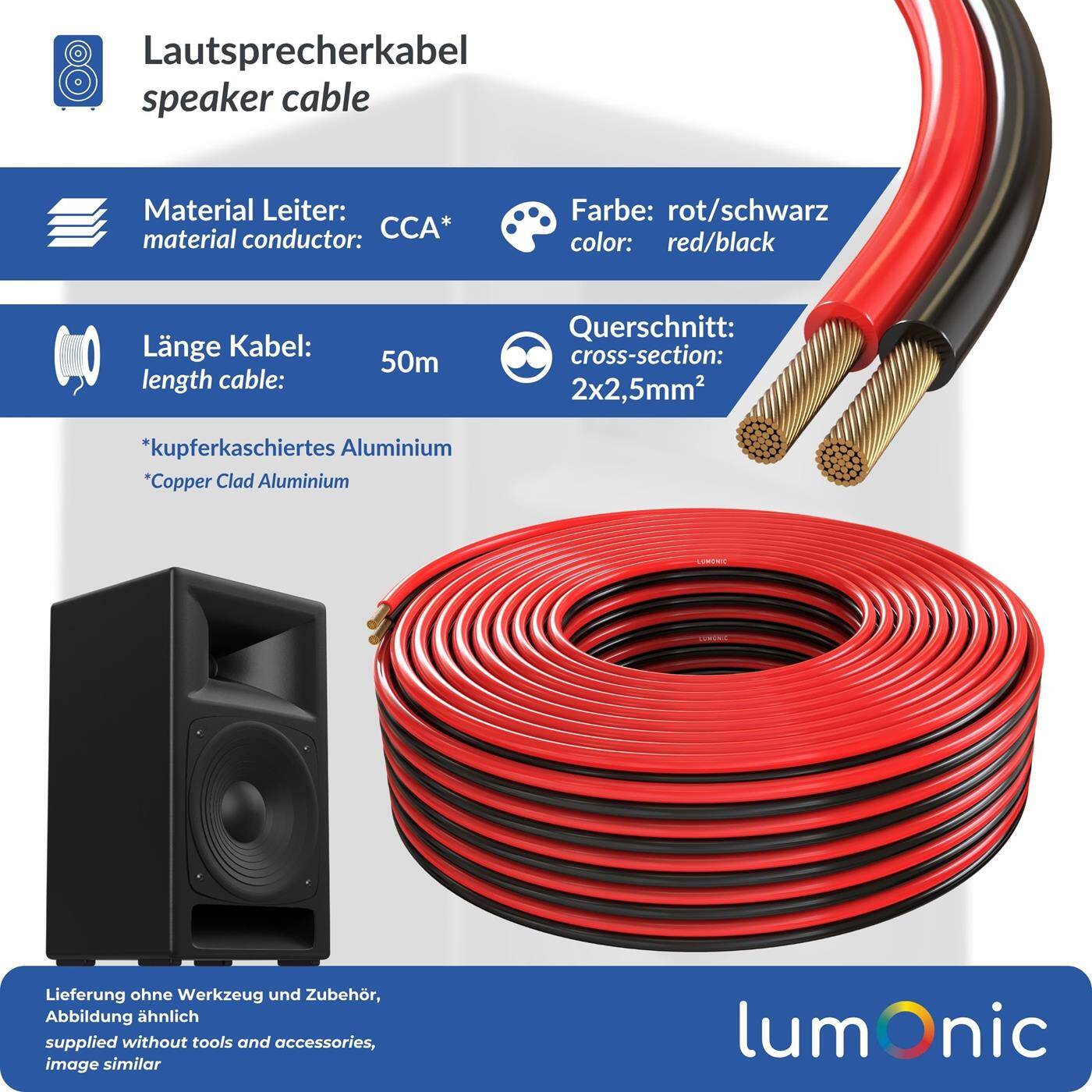 Lumonic Speaker cables | 50m Red Black | 2x 2,5mm² CCA | HiFi speaker cable | Audio twin line