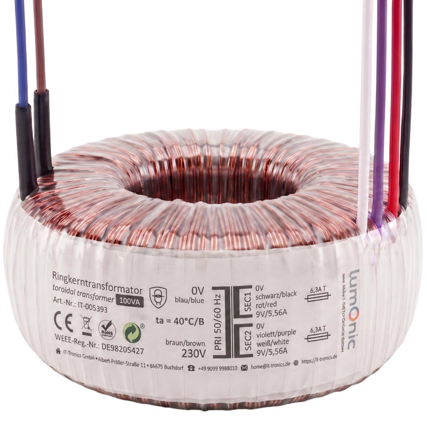 Lumonic Ringkerntrafo Transformator 100VA | Primär 230V AC | Sekundär 2x 9V AC oder 1x 18V AC | Brummarm | Transformator für HiFi Audio Verstärker