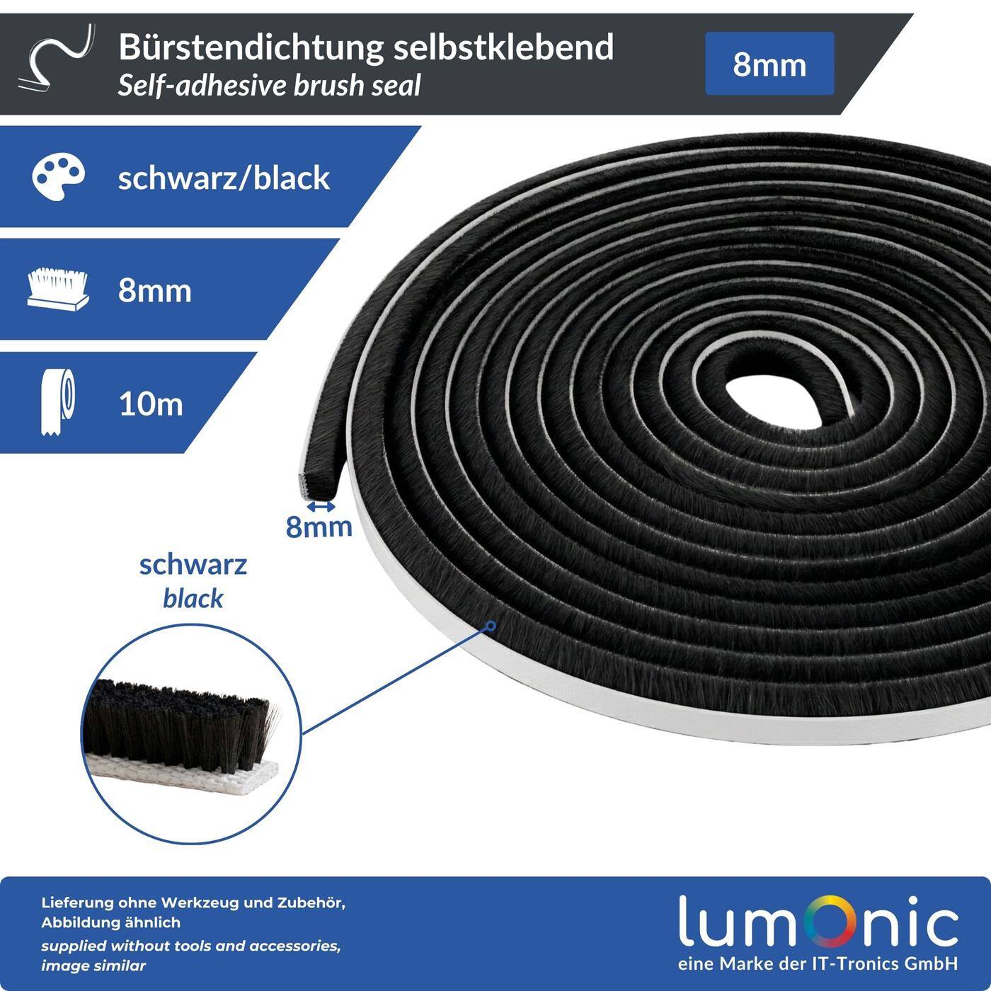 Lumonic 10m Bürstendichtung schwarz 8mm | Selbstklebend + Zuschneidbar | Zugluftstopper, Kälteschutz, Insektenschutz für Fenster, Türen, Schrank