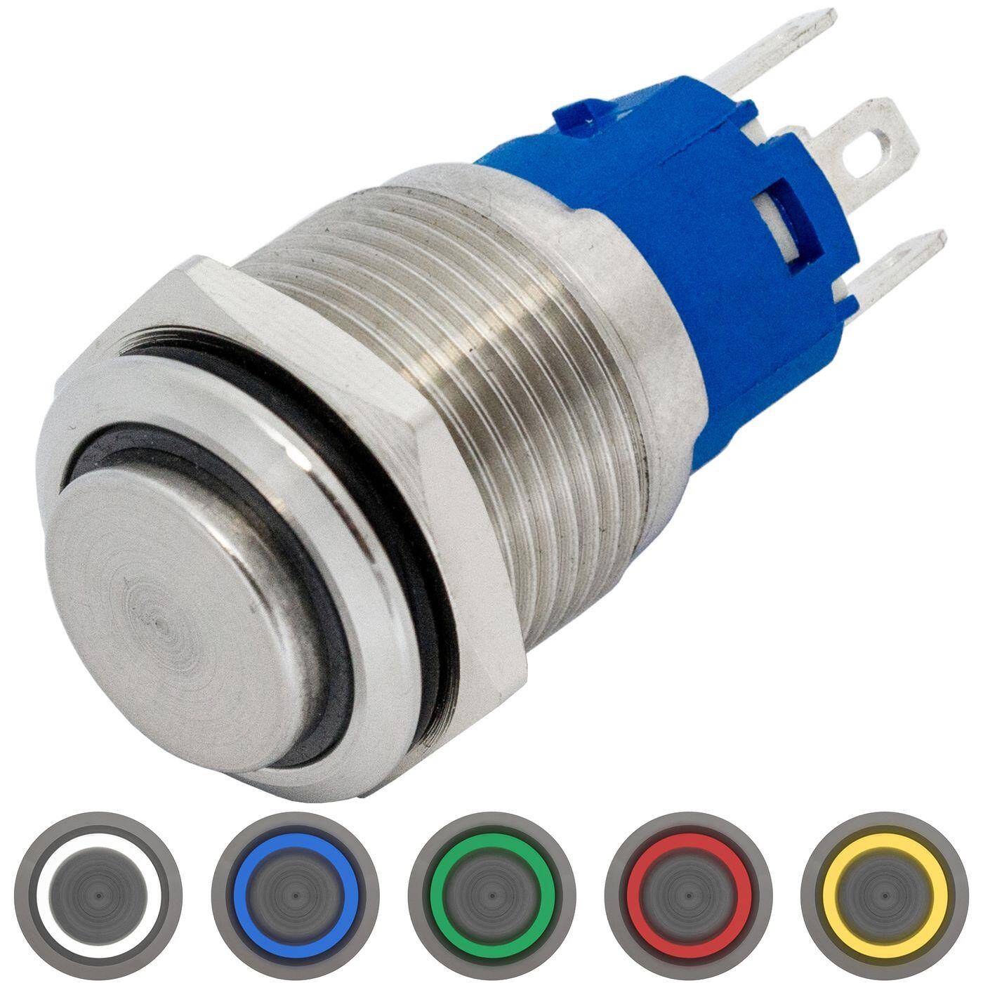 Lumonic Edelstahl Druckschalter erhaben 16mm Durchmesser I Mit einer Ring LED in Kalt-Weiß Maße: 2,8x0,5mm Pin s 250V 3A I Vandalismussicher nach dem IP65 Standard