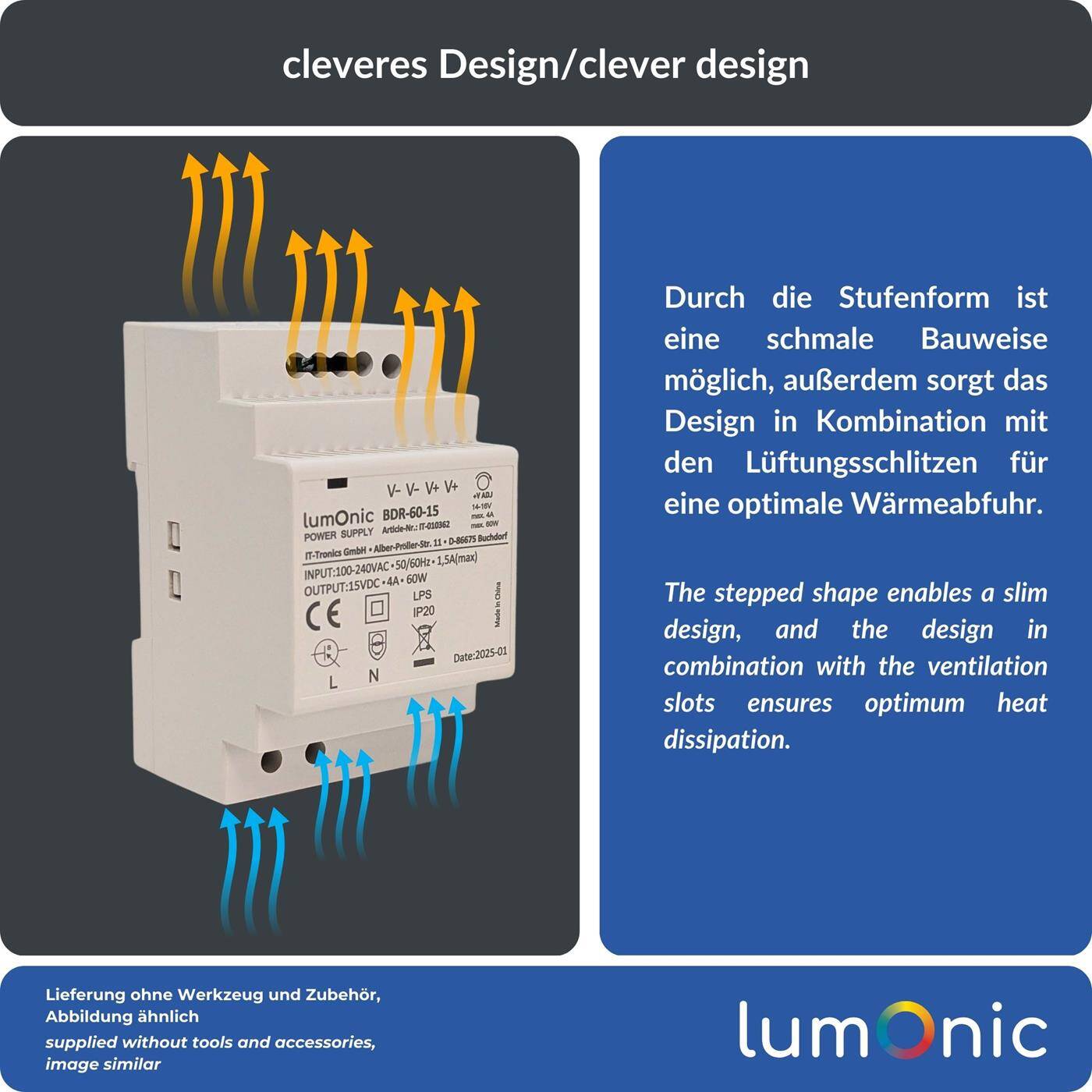 Lumonic I Netzteil Hutschiene BDR-60-15 I 15V / 60W I Input 100-240VAC I Überlastschutz & kurzschlussfest I DIN-Rail Schaltnetzteil I Schaltschrank & Verteilerkasten