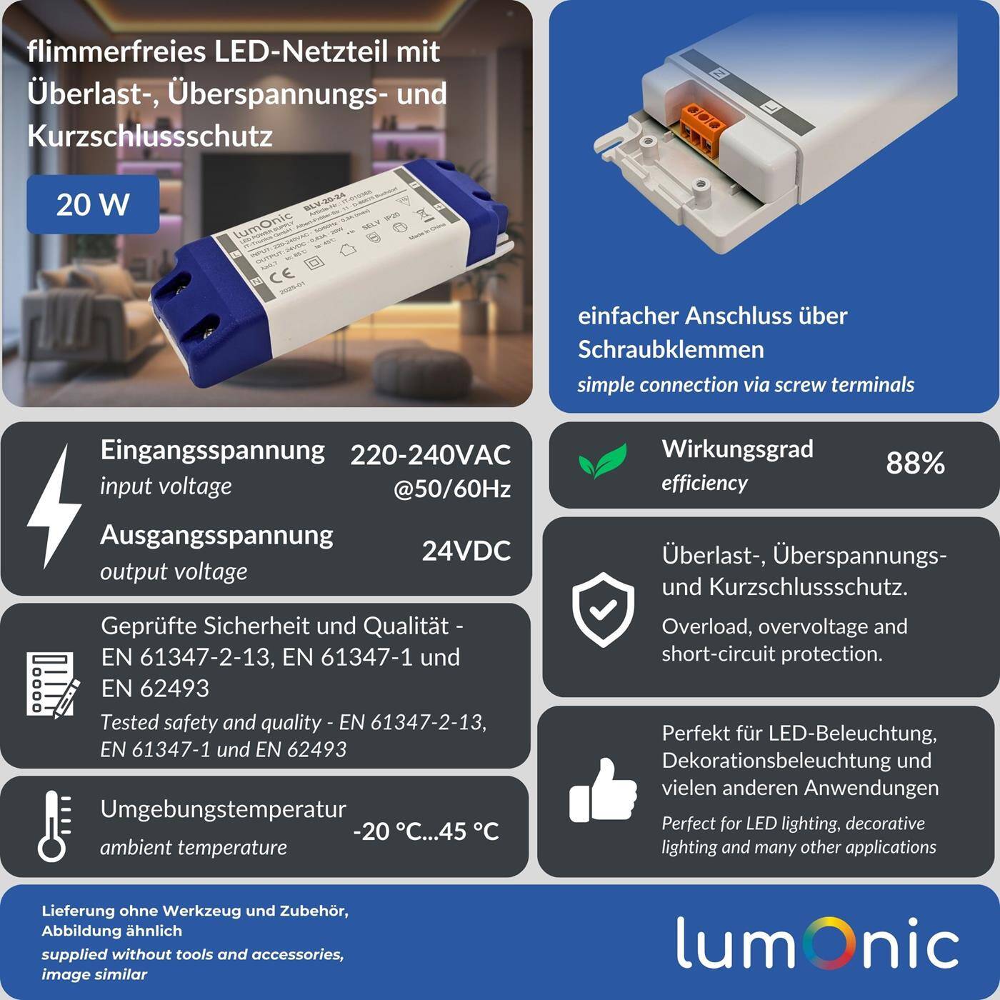 Lumonic I LED transformer BLV-20-24 I 24V 20W I Input 220-230VAC I flicker-free I Overload protection I LED power supply unit I for LED lighting