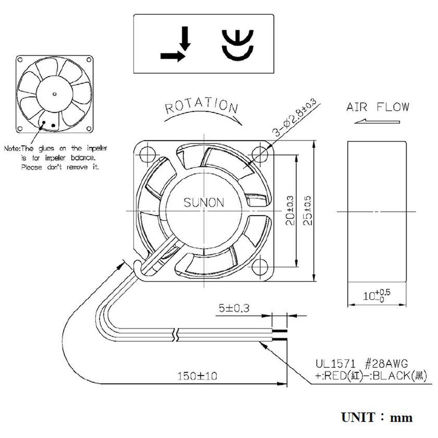 Fan 5V DC 0,33W 25x25x10mm 5,1m³/h 9800U/Min 5,1m³/h Sunon MF25100V21000UA99