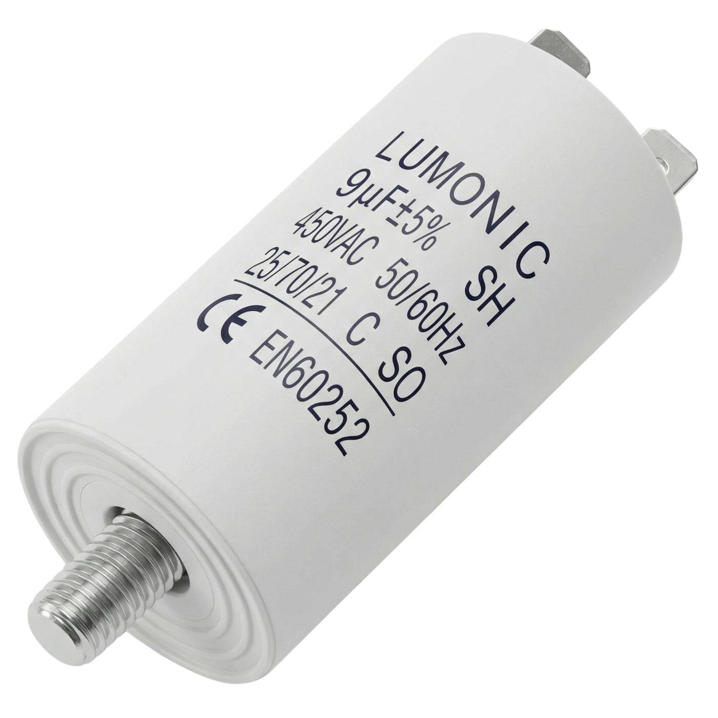 Lumonic Anlaufkondensator 9µF 450V | mit Stecker I 30x60mm I 9uF I Motorkondensator mit Kunststoffgehäuse I Betriebskondensator I für Pumpen, Rasenmäher, Werkzeuge