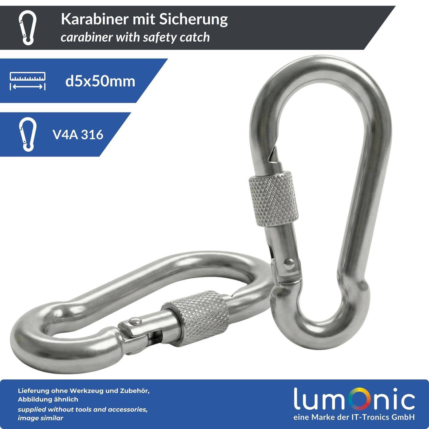 Lumonic Carabiner with safety catch V4A stainless steel | 5x50mm | Stainless + seawater resistant | Safety catch prevents unintentional opening | for awnings, hammocks, dogs, camping
