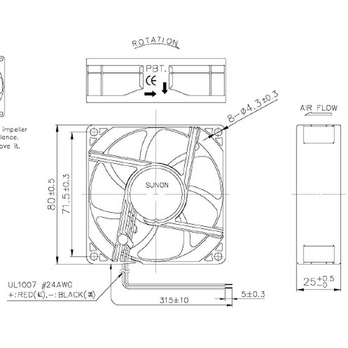 Lüfter 12V DC 1,44W 80x80x25mm 69,6m³/h 3200U/Min 69,6m³/h Sunon EF80251S11000UA99
