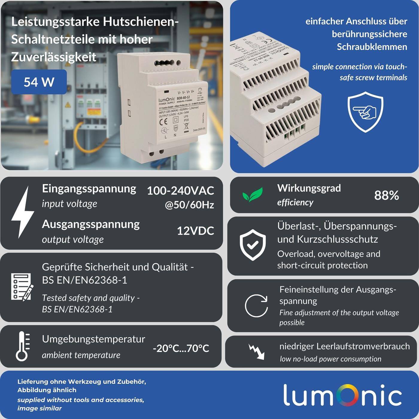 Lumonic I Netzteil Hutschiene BDR-60-12 I 12V / 54W I Input 100-240VAC I Überlastschutz & kurzschlussfest I DIN-Rail Schaltnetzteil I Schaltschrank & Verteilerkasten
