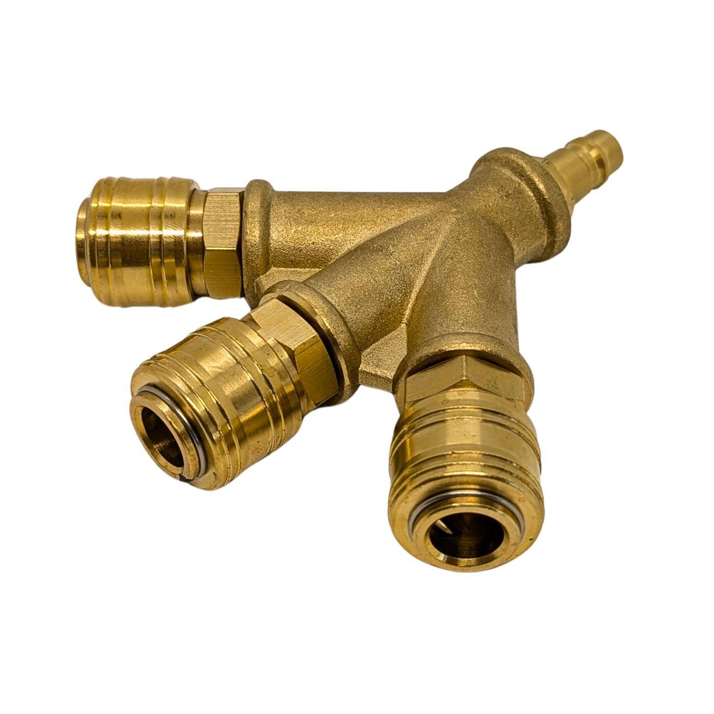 Druckluftverteiler 3-fach komplett mit Kupplungs-Stecker aus Messing Innengewinde 3/8" Druckluftweiche Schnellkupplung Mehrfachverteiler für Werkstätten, Betriebe und Heimwerker
