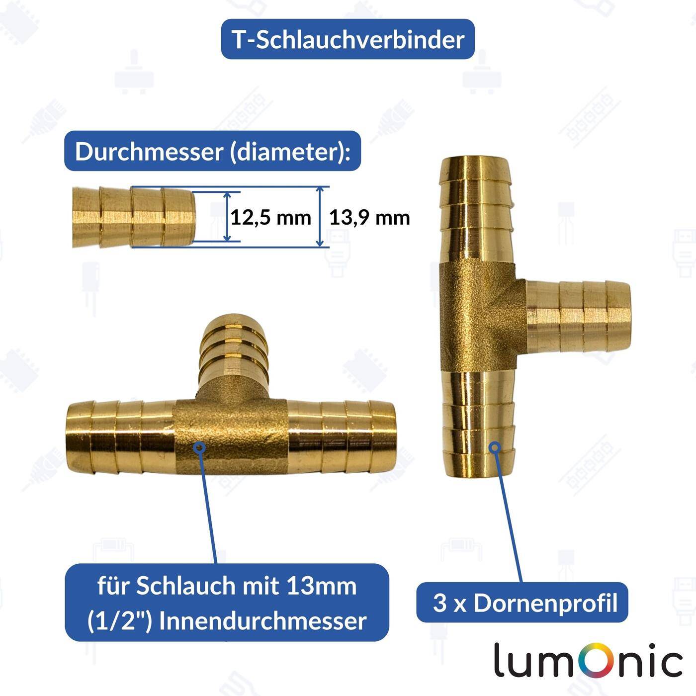 T-Schlauchverbinder für 13mm (1/2") Schlauch aus Messing T-Verbinder T-Stück mit Dornenprofil Druckluft & Wasser für Werkstätten, Betriebe und Heimwerker