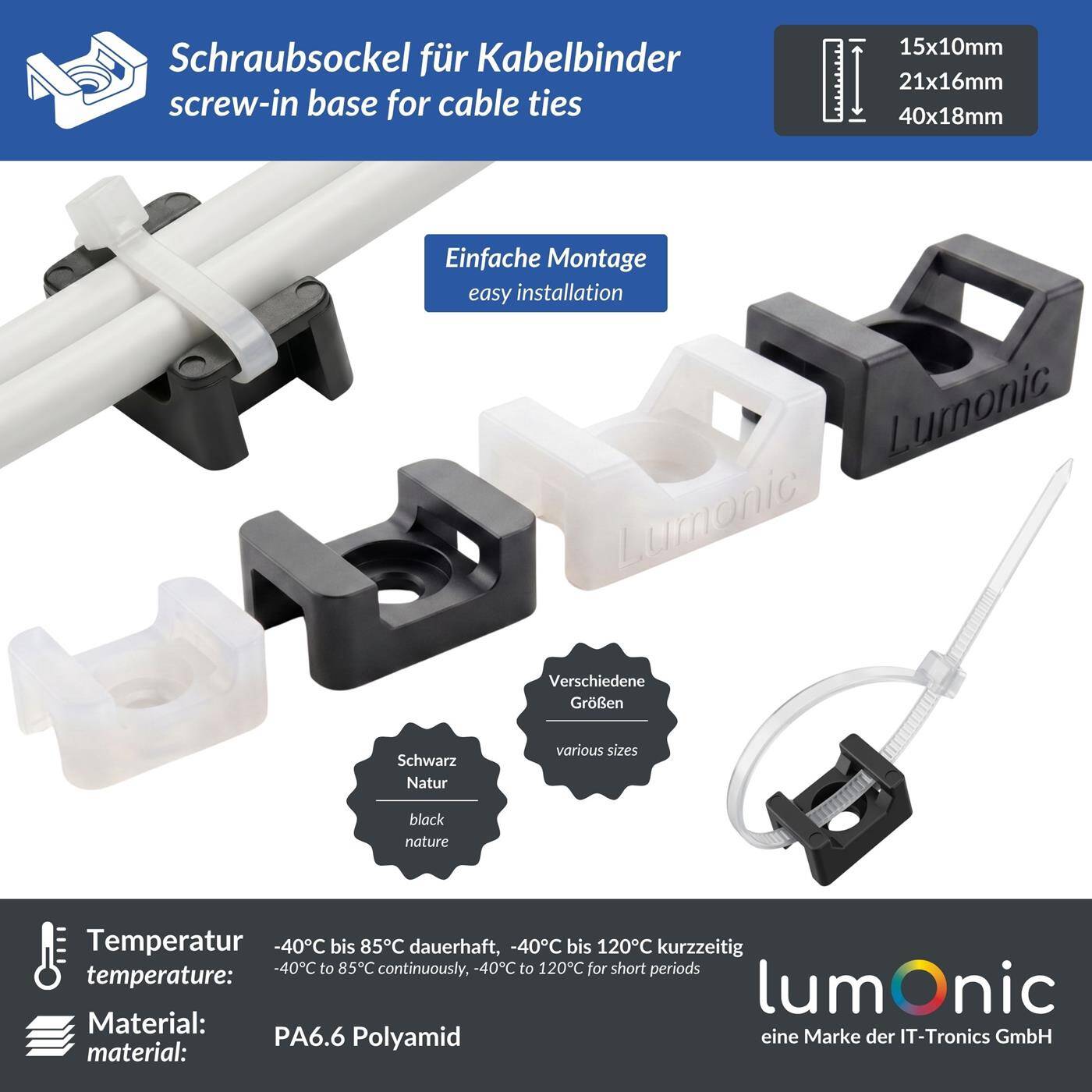 50/100 Stück Schraubsockel für Kabelbinder, 15x10mm, 21x16mm, 40x16mm