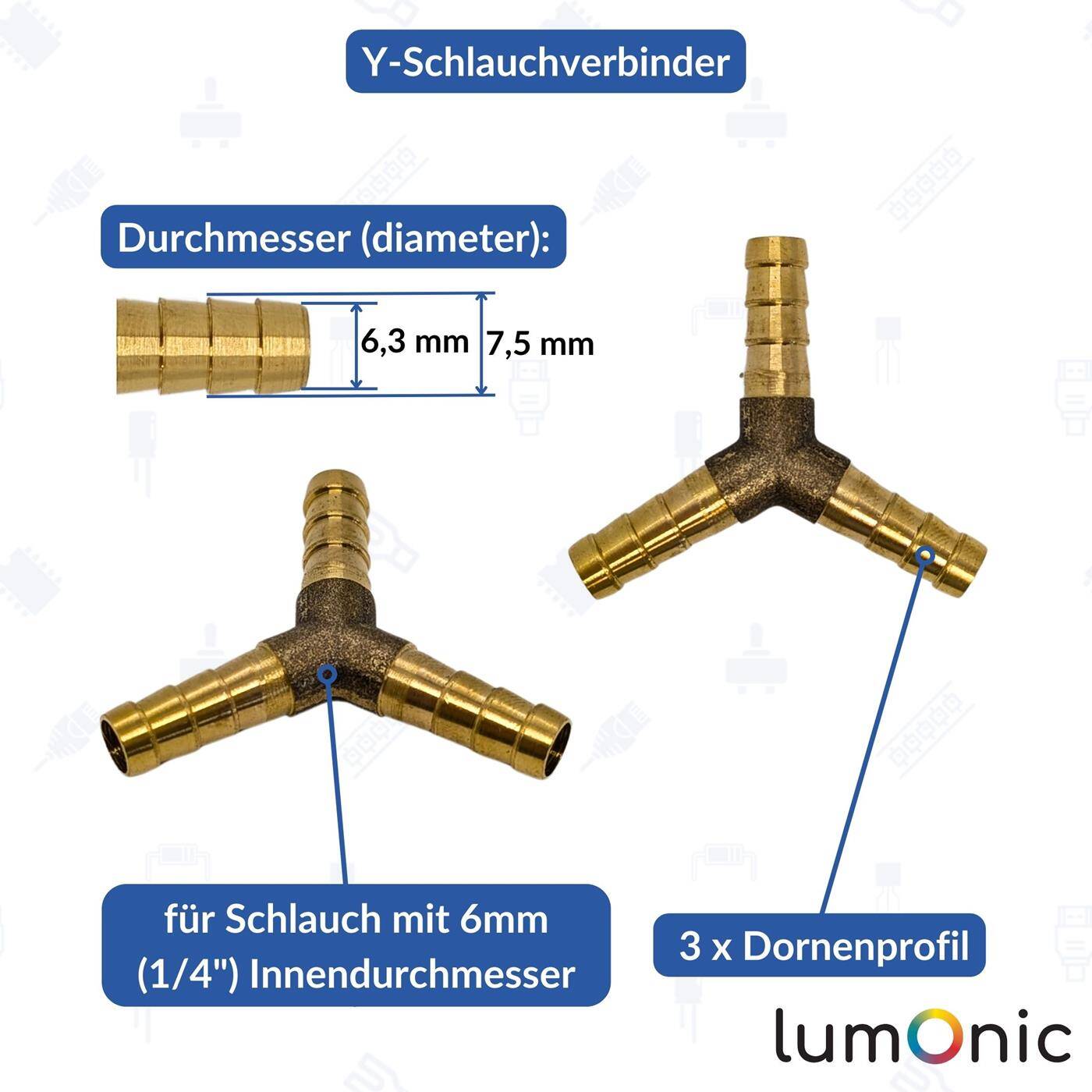 Y-Schlauchverbinder für 6mm (1/4") Schlauch aus Messing Y-Verbinder Y-Stück mit Dornenprofil Druckluft & Wasser für Werkstätten, Betriebe und Heimwerker