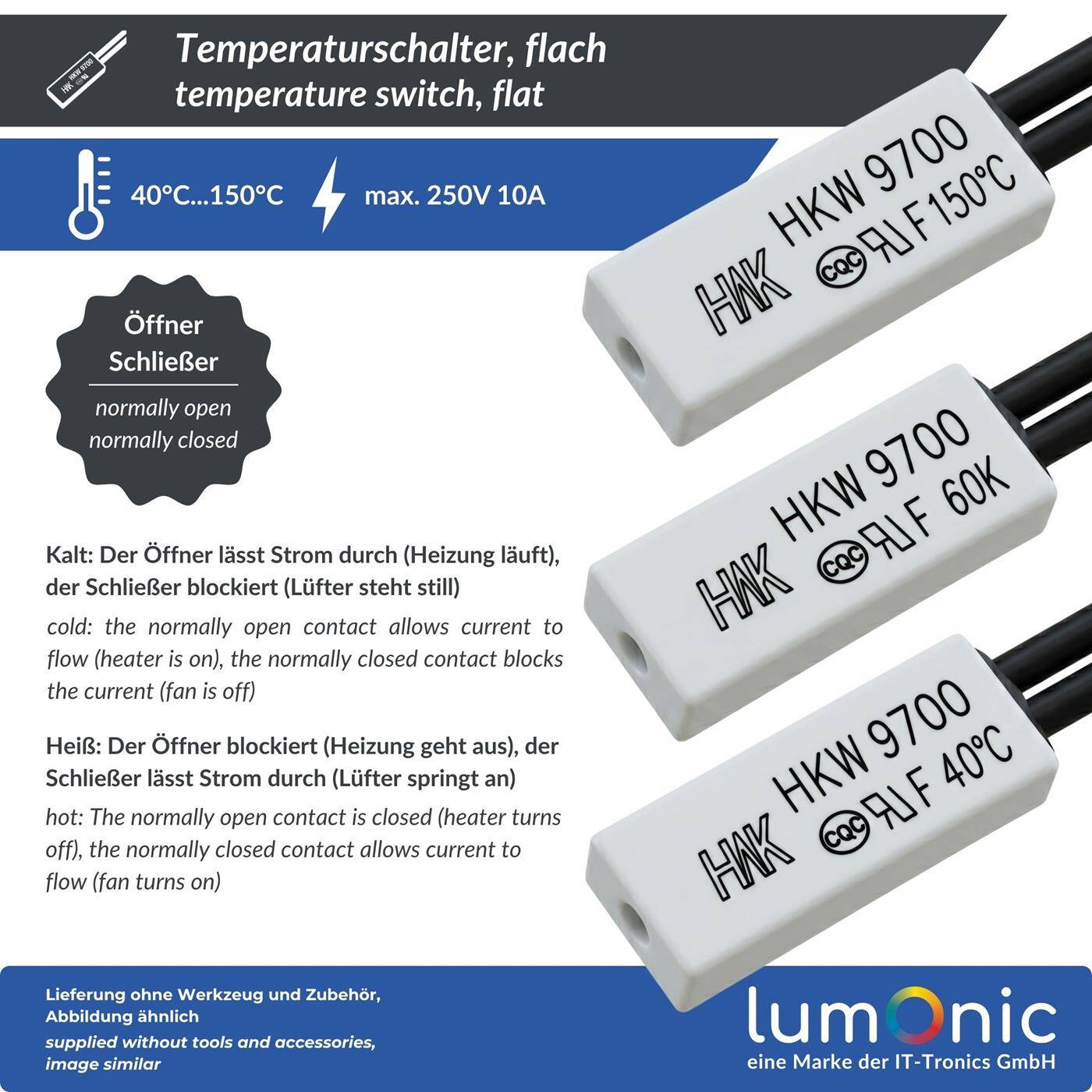 Lumonic HKW9700 Temperaturschalter flach | 140°C ± 5°C | Öffner NC | max. AC 250V/5A | max. DC 24V/8A | Kabel 70mm | 21x8x4mm | Thermoschalter, Bimetall, KSD9700 | Motoren, Netzteile, Heizlüfter