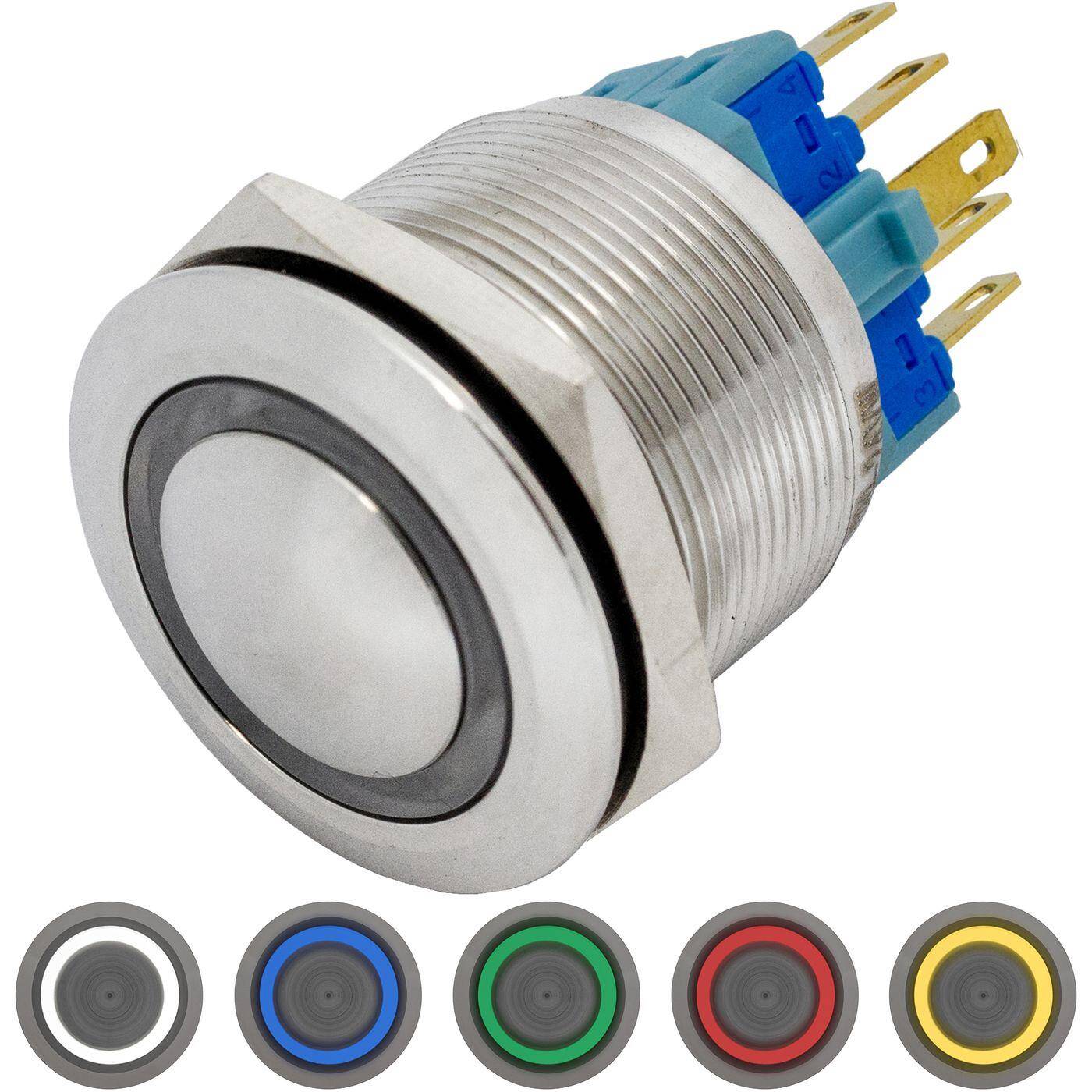 Stainless steel Push button domed Ø25mm Ring LED Cold White IP65 2,8x0,5mm Pins 250V 3A Vandal-proof