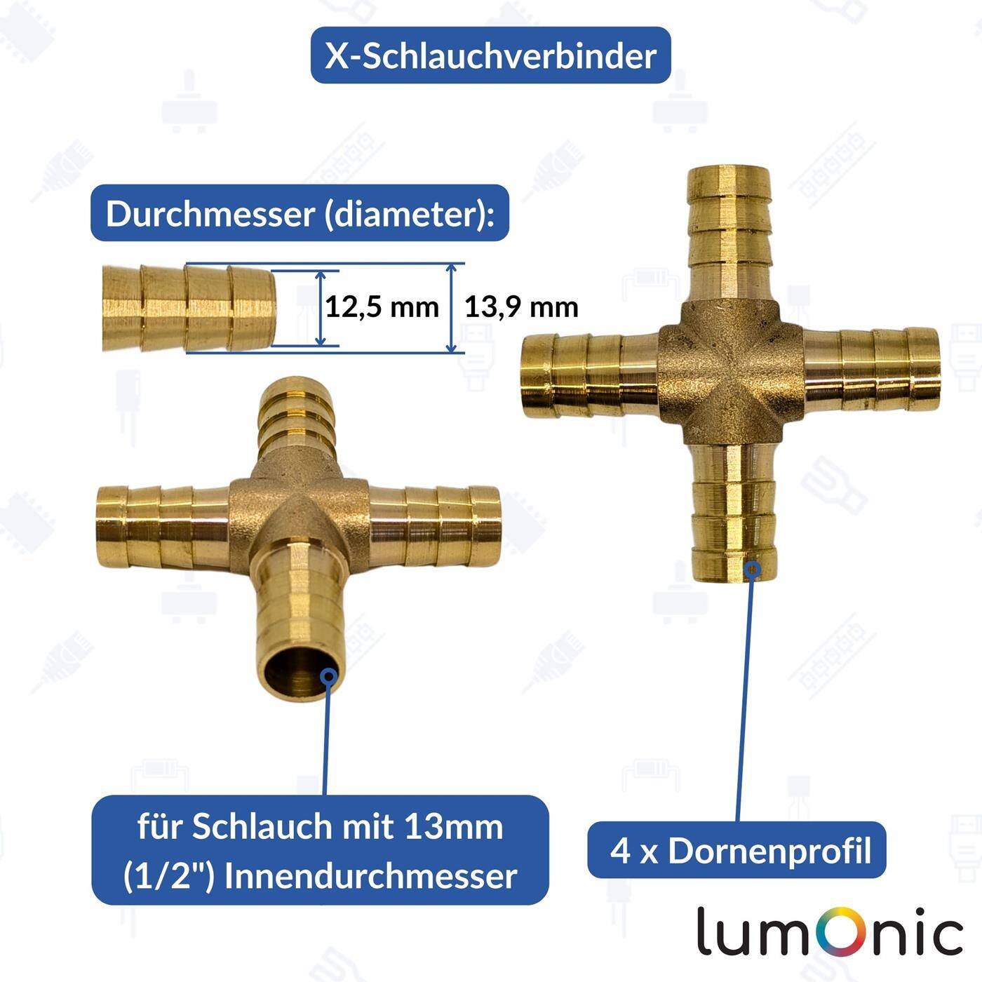 X-Schlauchverbinder für 13mm (1/2") Schlauch aus Messing Kreuz-Verbinder X-Stück mit Dornenprofil Druckluft & Wasser für Werkstätten, Betriebe und Heimwerker