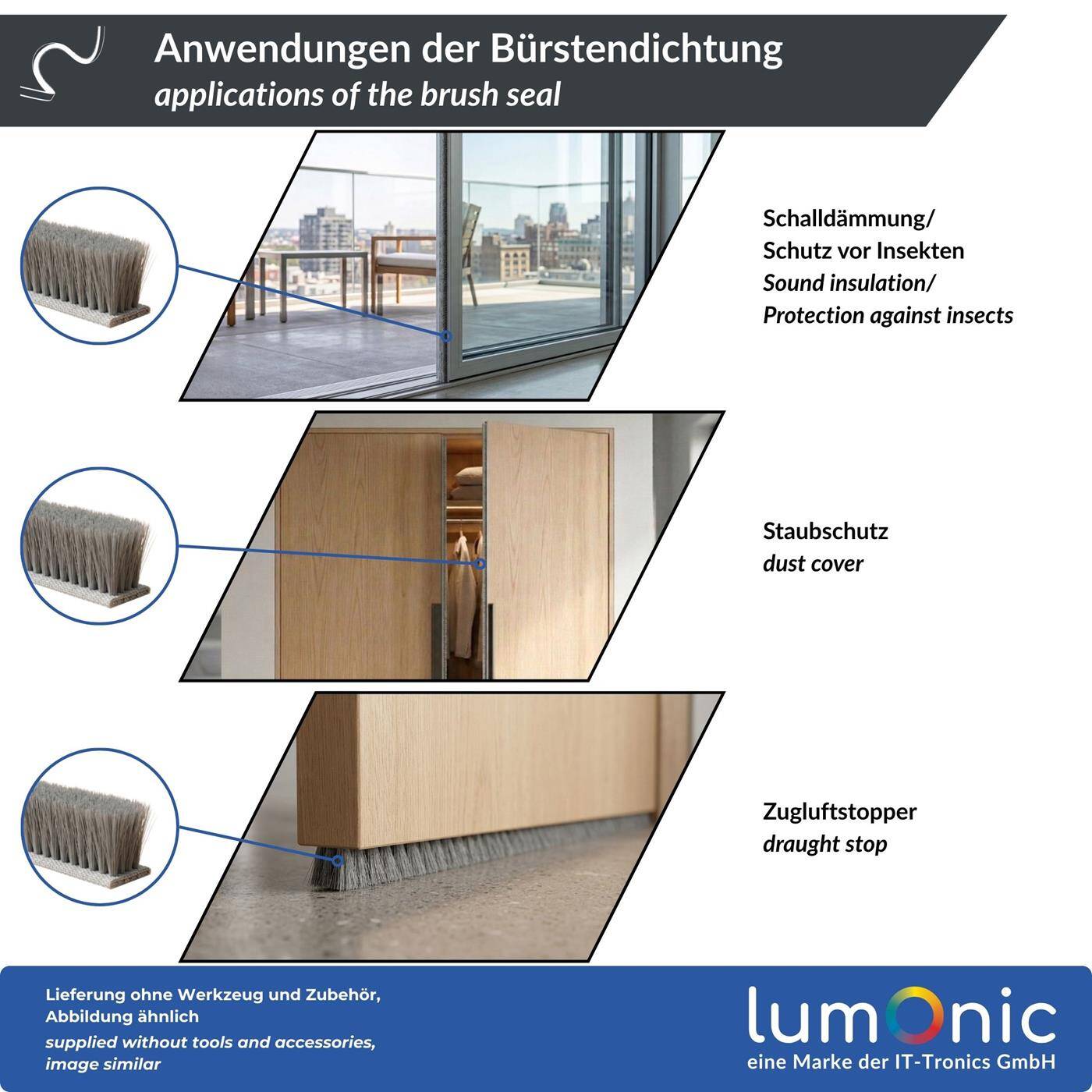 Lumonic 5m Bürstendichtung grau 15mm | Selbstklebend + Zuschneidbar | Zugluftstopper, Kälteschutz, Insektenschutz für Fenster, Türen, Schrank
