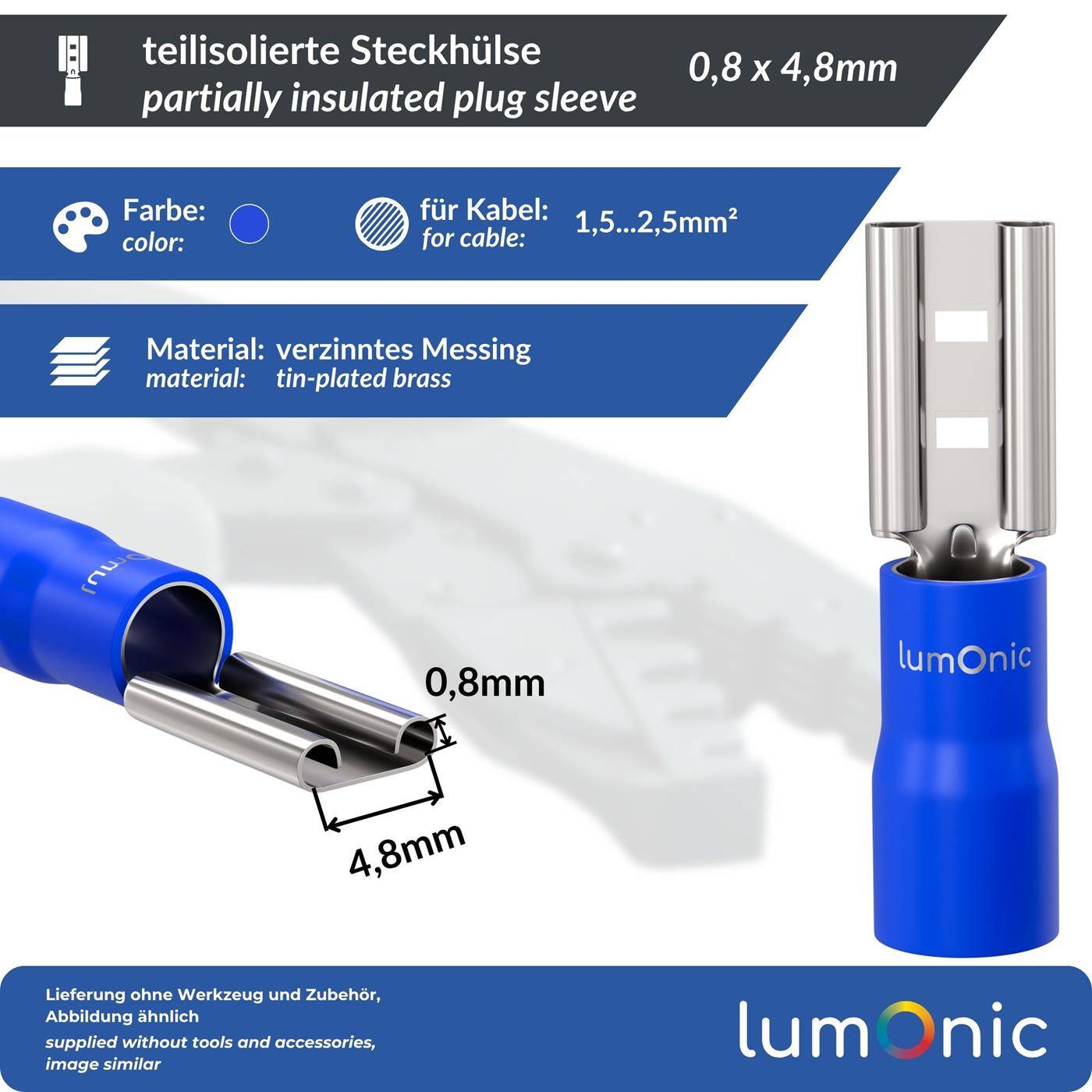 Lumonic 25x Flat receptacle 1,5-2,5mm²  | for flat plug 0,8 x 4,8mm | Partially insulated | Cable connector without soldering | Tin-plated brass | Automotive, mechanical engineering