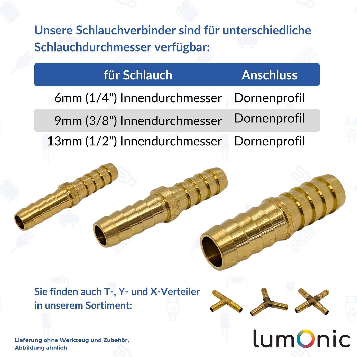 Straight hose connector for 9mm (3/8") hose made of brass I-connector I-piece with spike profile Compressed air for workshops, businesses and DIY enthusiasts