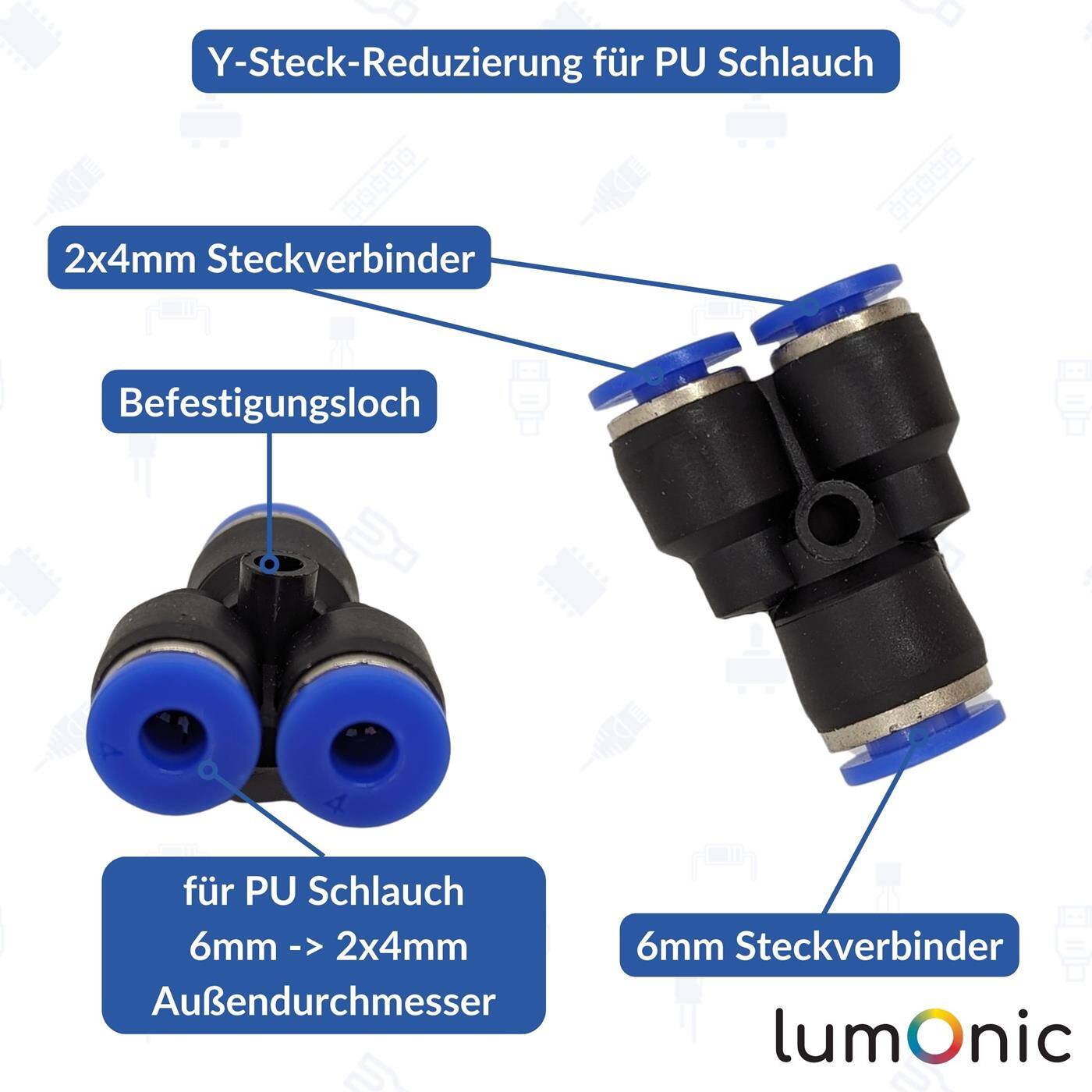 PU hose Y-connector reduction 6mm -> 2x4mm Y-piece Push-in Pneumatic plug connector Y-distributor reducing Compressed air PU hose Y-connector reduction 6mm -> 2x4mm Y-piece Push-in Pneumatic plug connector Y-distributor reducing Compressed air