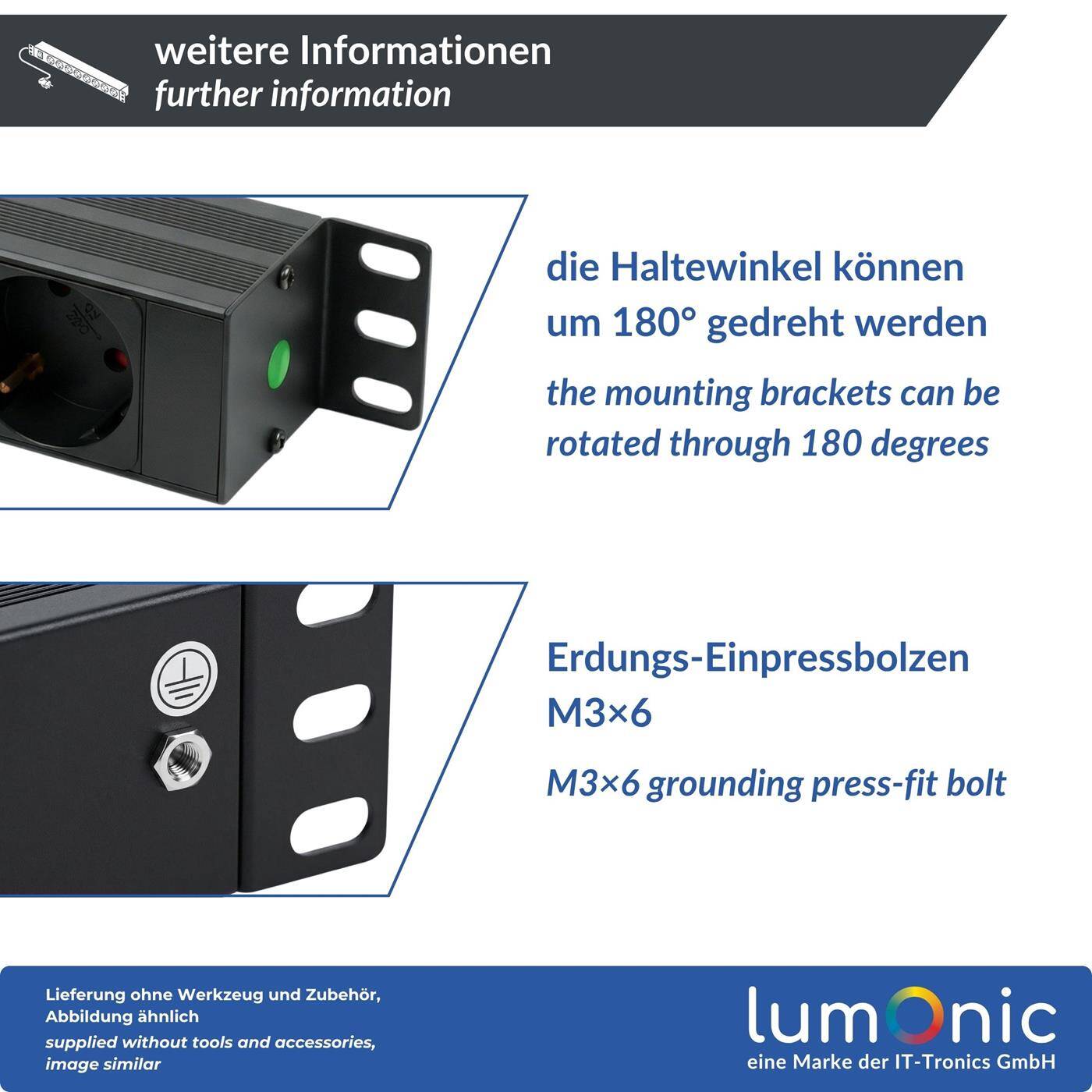 Lumonic 10" socket strip | PDU 4-fold | without switch | 1U, aluminum alloy, black | 2m connection cable 3G1.5 | 45° Schuko socket outlet | short term max. 3680W | Rack, server cabinet