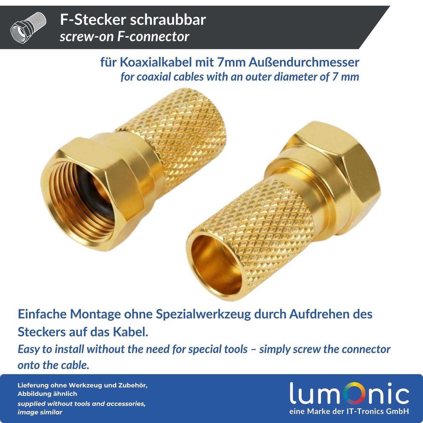 Lumonic 50 Stück F-Stecker 7mm schraubbar | vergoldet | Antennenstecker | Aufdrehstecker für Koaxialkabel, SAT Kabel, Antennenkabel, Kabelinternet