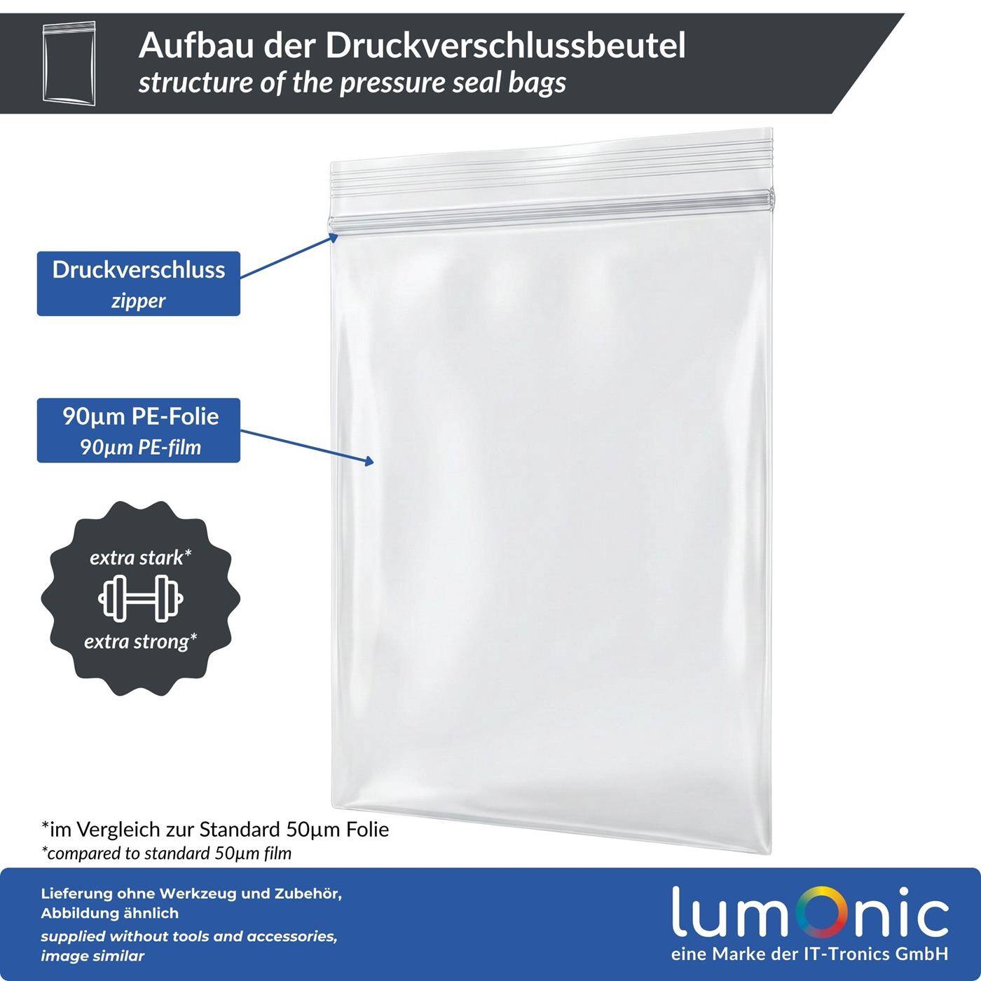 100x Lumonic Druckverschlussbeutel 300x400mm | extra stark 90µm| Transparent, Reißfest + Geruchsneutral | Zip Beutel für Kleinteile, Reisen, Lagerung