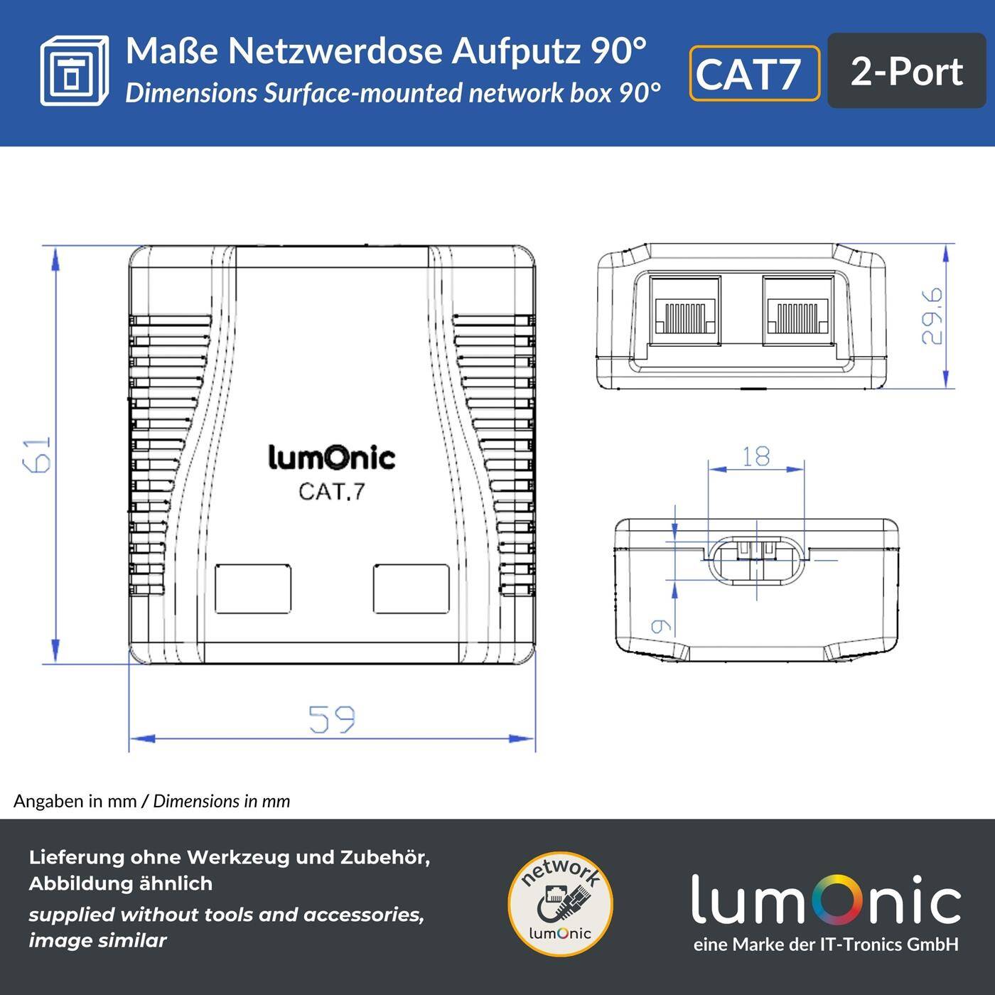 Lumonic 10er Set Netzwerkdose Aufputz CAT7 | 2-Port RJ45, Anschluss unten | ohne Stemmen nachrüsten | LSA-Montage, T568A/B farbcodiert | ABS Gehäuse, weiß | Ethernet-Dose bis zu 10 Gbit/s