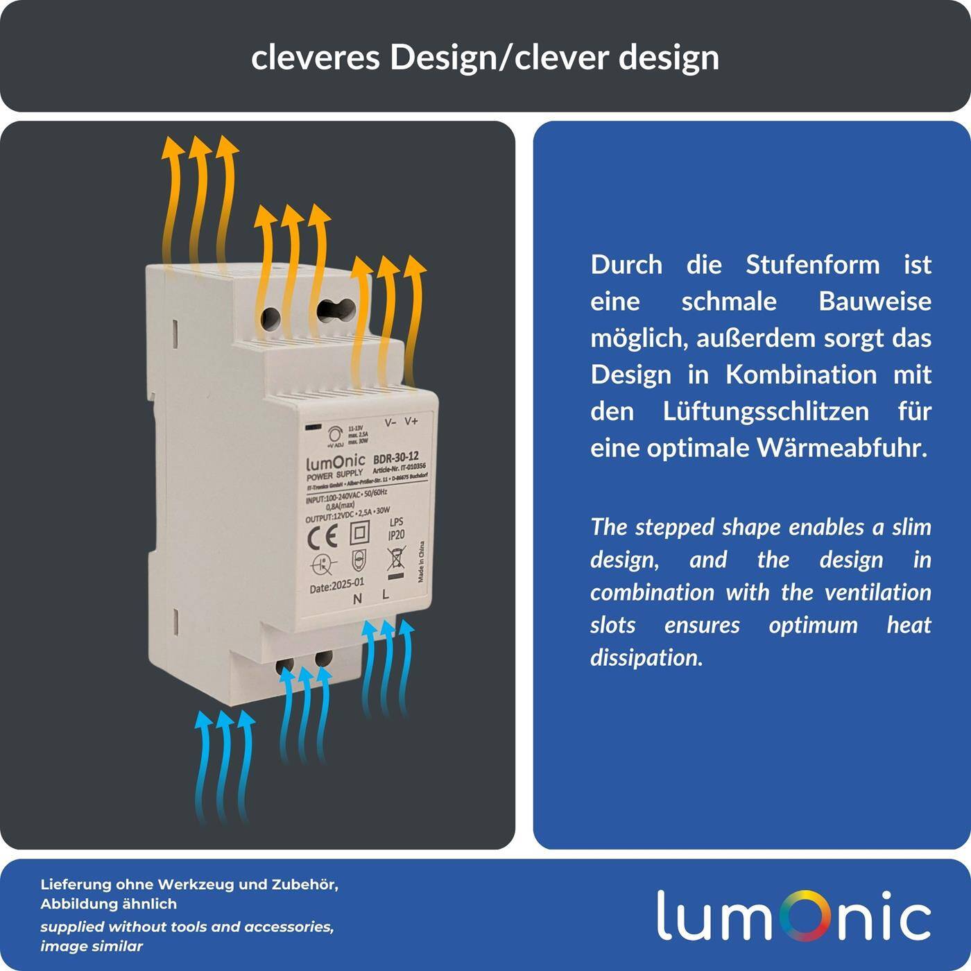 Lumonic I Netzteil Hutschiene BDR-30-12 I 12V / 30W I Input 100-240VAC I Überlastschutz & kurzschlussfest I DIN-Rail Schaltnetzteil I Schaltschrank & Verteilerkasten