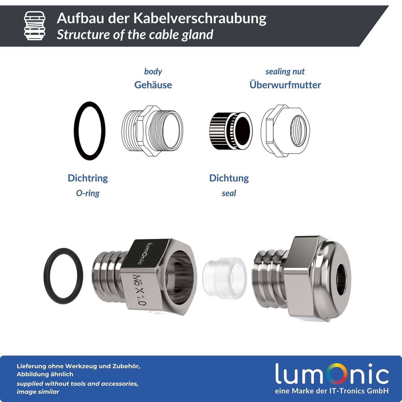 Lumonic Set of 5 metal cable glands M6 | Clamping range 2-3mm | IP68 | with locknut | Nickel-plated brass, EMC | -40...+100°C