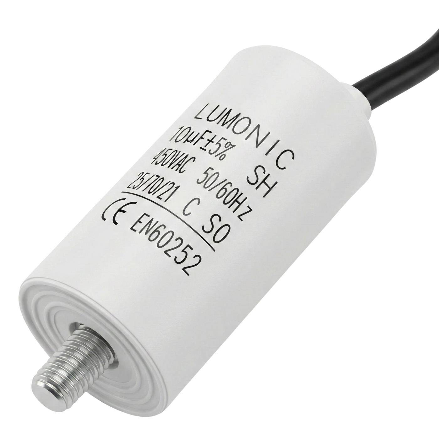Lumonic Anlaufkondensator 10µF 450V | mit Kabel I 30x60mm I 10uF I Motorkondensator mit Kunststoffgehäuse I Betriebskondensator I für Pumpen, Rasenmäher, Werkzeuge