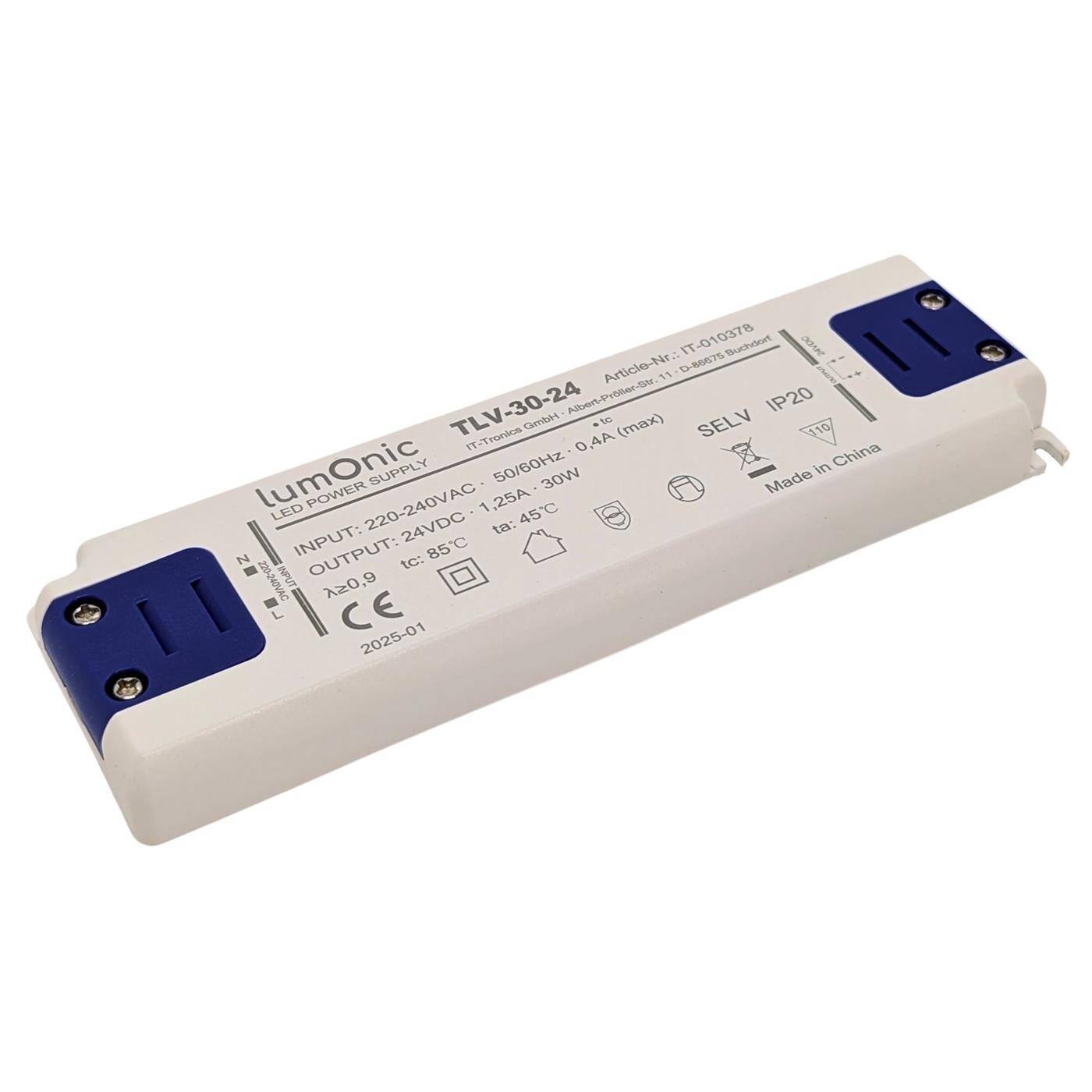 Lumonic I LED transformer TLV-30-24 I 24V 30W I Input 220-240VAC I flicker-free I Overload protection I LED power supply unit I for LED lighting