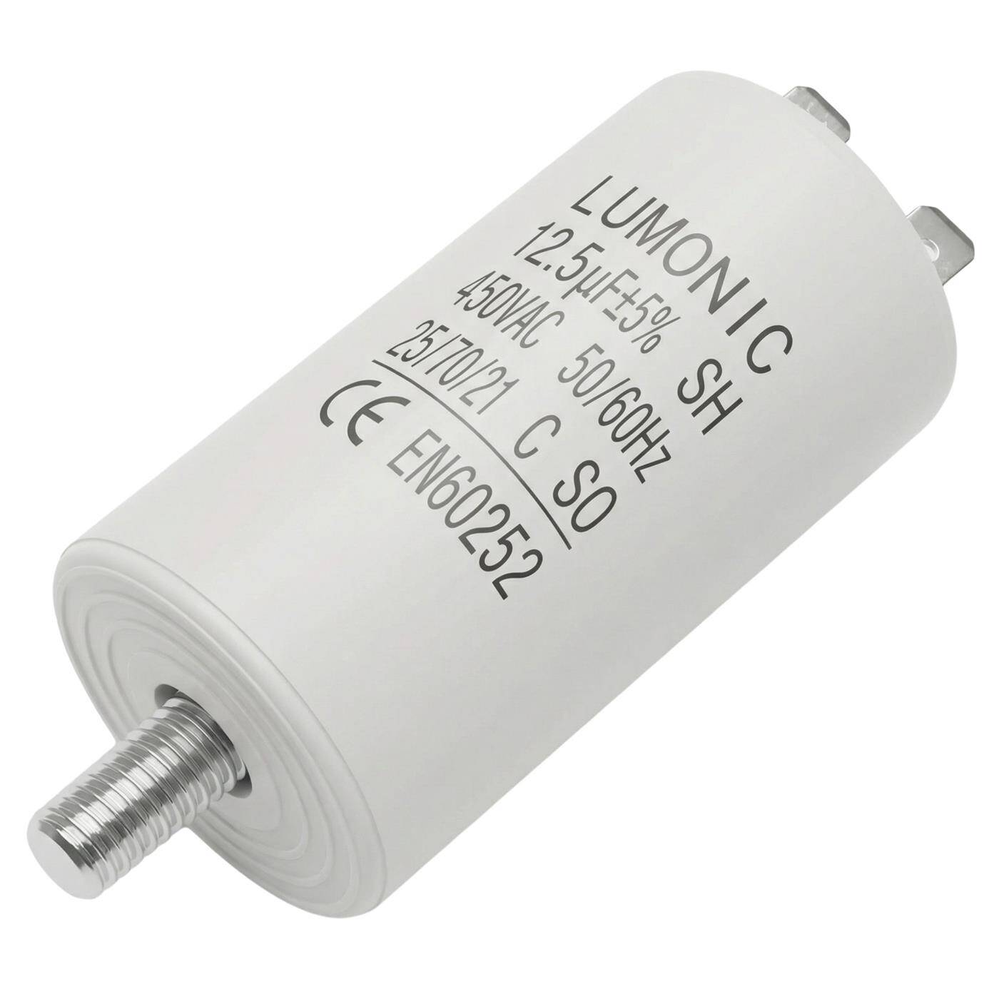 Lumonic Anlaufkondensator 12,5µF 450V | mit Stecker I 34x65mm I 12,5uF I Motorkondensator mit Kunststoffgehäuse I Betriebskondensator I für Pumpen, Rasenmäher, Werkzeuge