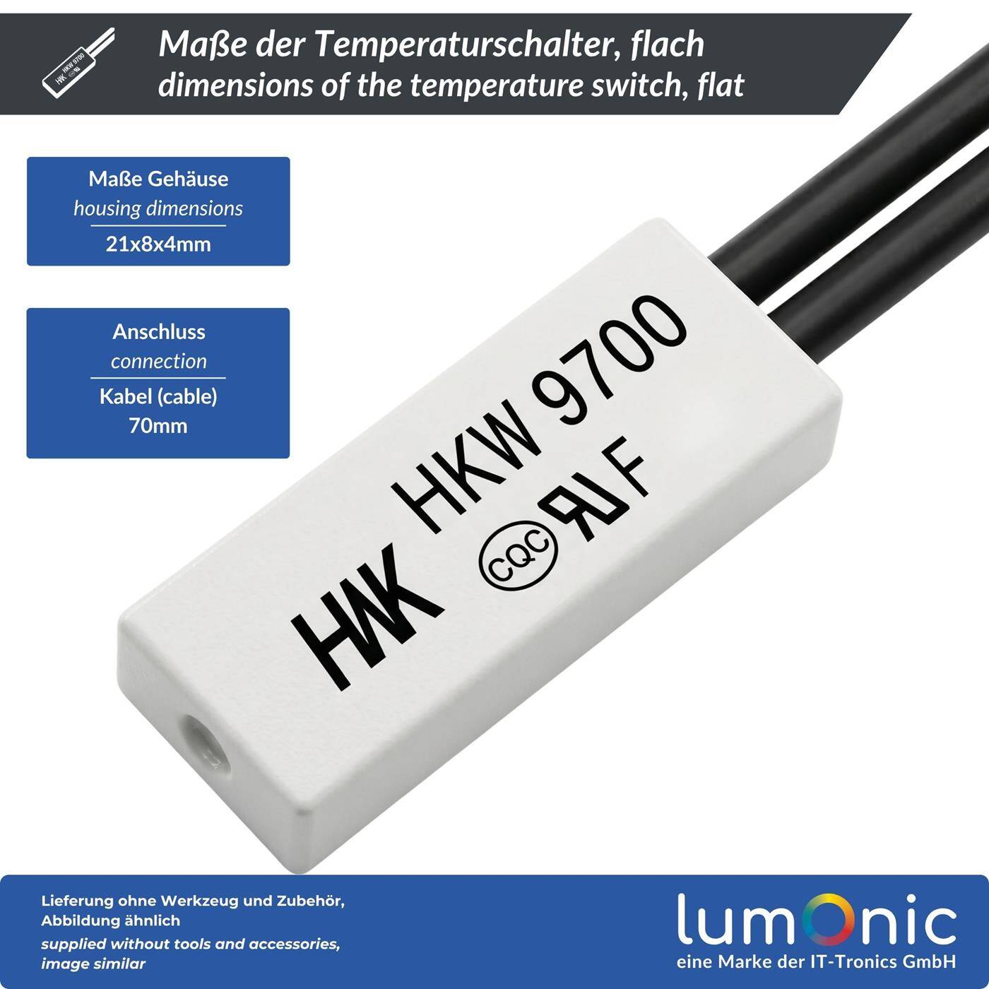 Lumonic HKW9700 Temperaturschalter flach | 60°C ± 5°C | Schließer NO | max. AC 250V/5A | max. DC 24V/8A | Kabel 70mm | 21x8x4mm | Thermoschalter, Bimetall, KSD9700 | Motoren, Netzteile, Heizlüfter