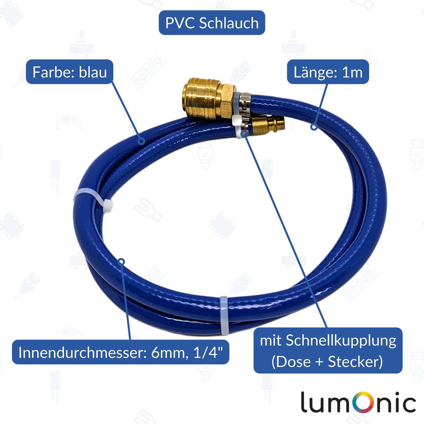 1m Druckluftschlauch mit Schnellkupplung 6mm PVC Druckluftverlängerung Dose & Stecker fertig konfektioniert flexibel, abriebfest und gewebeverstärkt 1m Druckluftschlauch mit Schnellkupplung 6mm PVC Druckluftverlängerung Dose & Stecker fertig konfektioniert flexibel, abriebfest und gewebeverstärkt