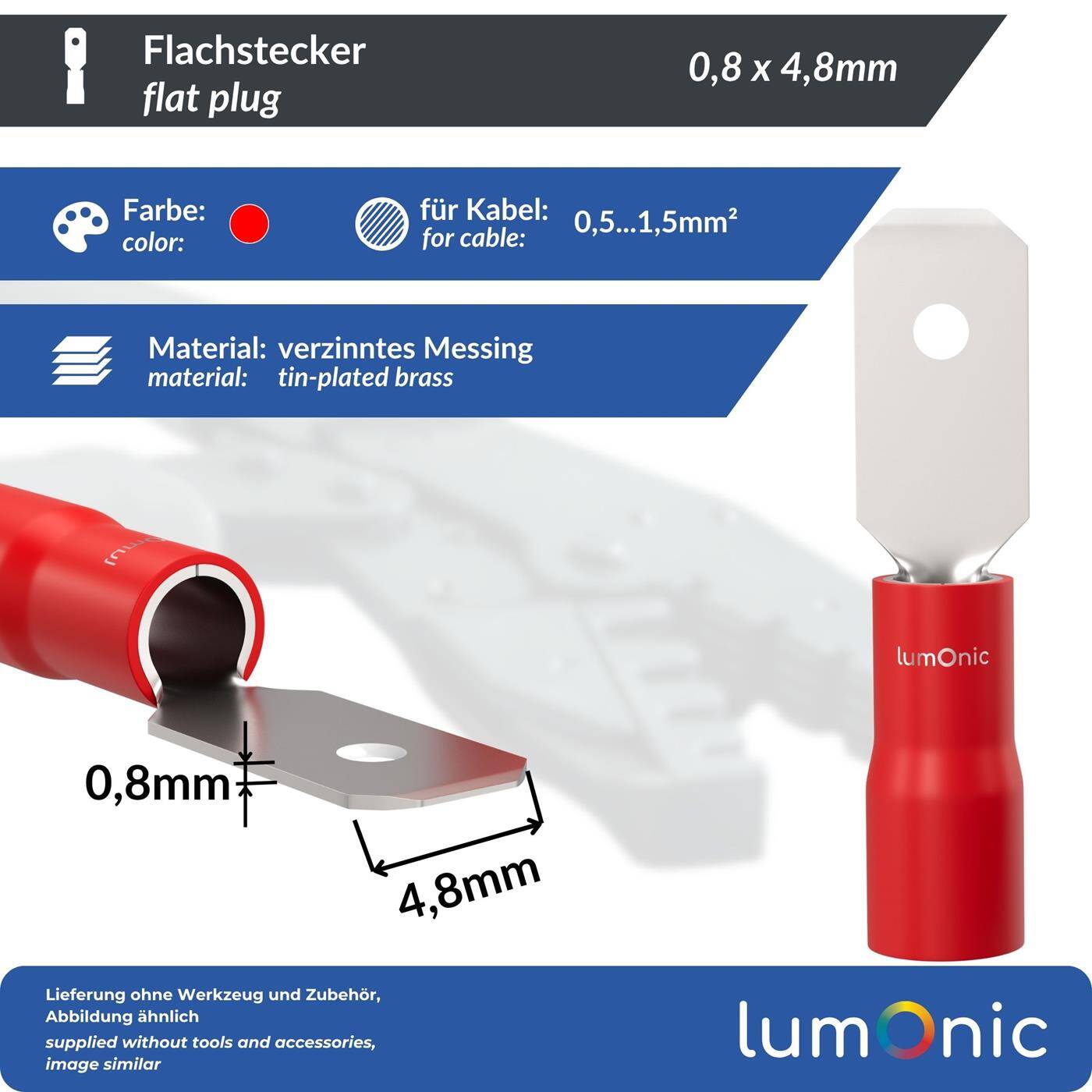 Lumonic 25x Flachstecker 0,5-1,5mm²  | für Flachsteckhülse 0,8 x 4,8mm | teilisoliert | Kabelverbinder ohne Löten | Messing verzinnt | KFZ, Maschinenbau