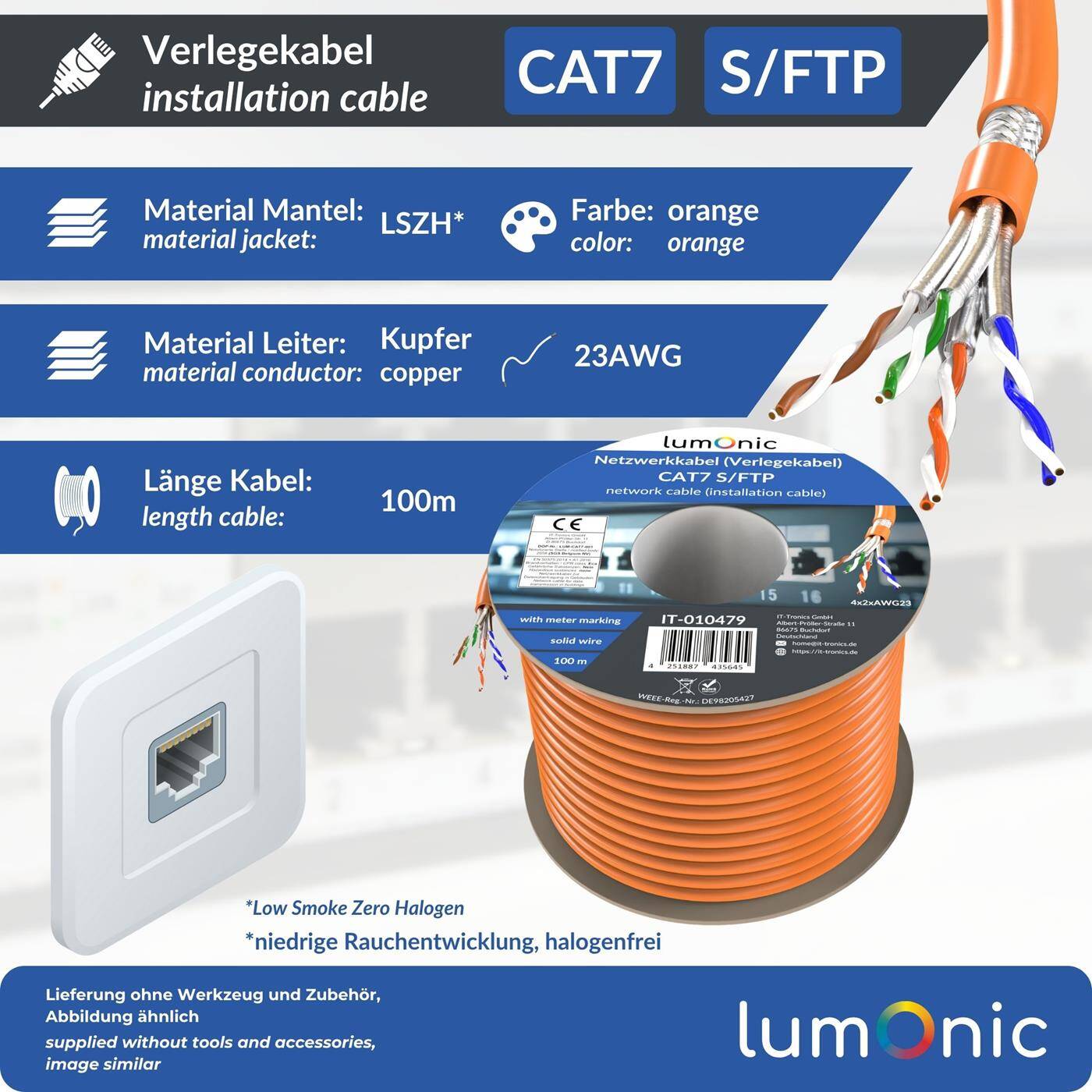 Lumonic CAT7 Netzwerkkabel S/FTP 100m | Verlegekabel AWG 23 | 100% Kupfer OFC | 10 Gbit/s | halogenfrei | 600 MHz | LAN Kabel, Ethernet Kabel