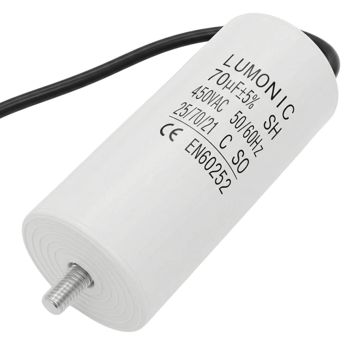 Lumonic Anlaufkondensator 70µF 450V | mit Kabel I 50x110mm I 70uF I Motorkondensator mit Kunststoffgehäuse I Betriebskondensator I für Pumpen, Rasenmäher, Werkzeuge