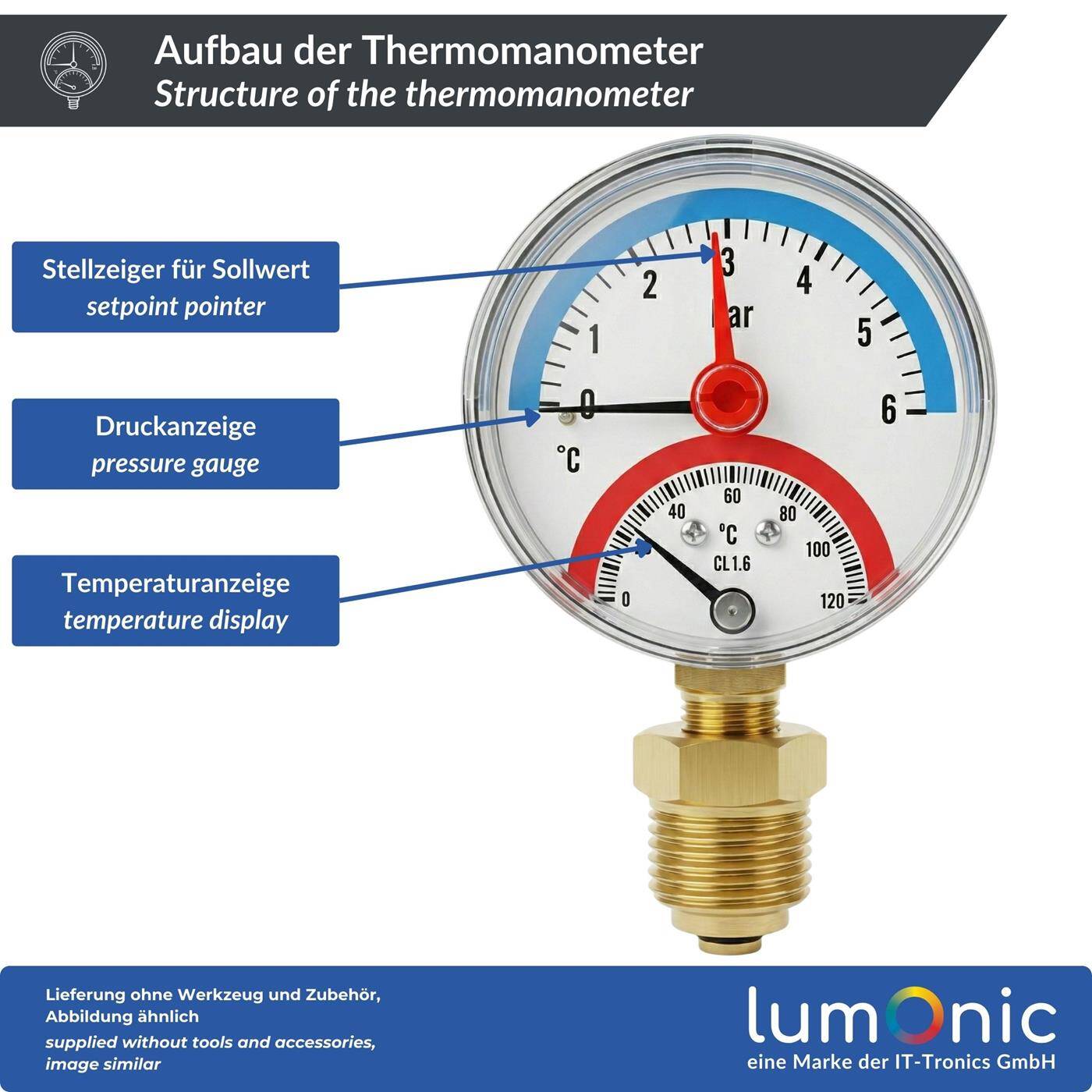 Lumonic Thermomanometer 6bar 0-120°C | 1/4 + 1/2 inch (adapter) | Bottom connection | Ø 63mm, large scale | Heating pressure gauge | Metal housing
