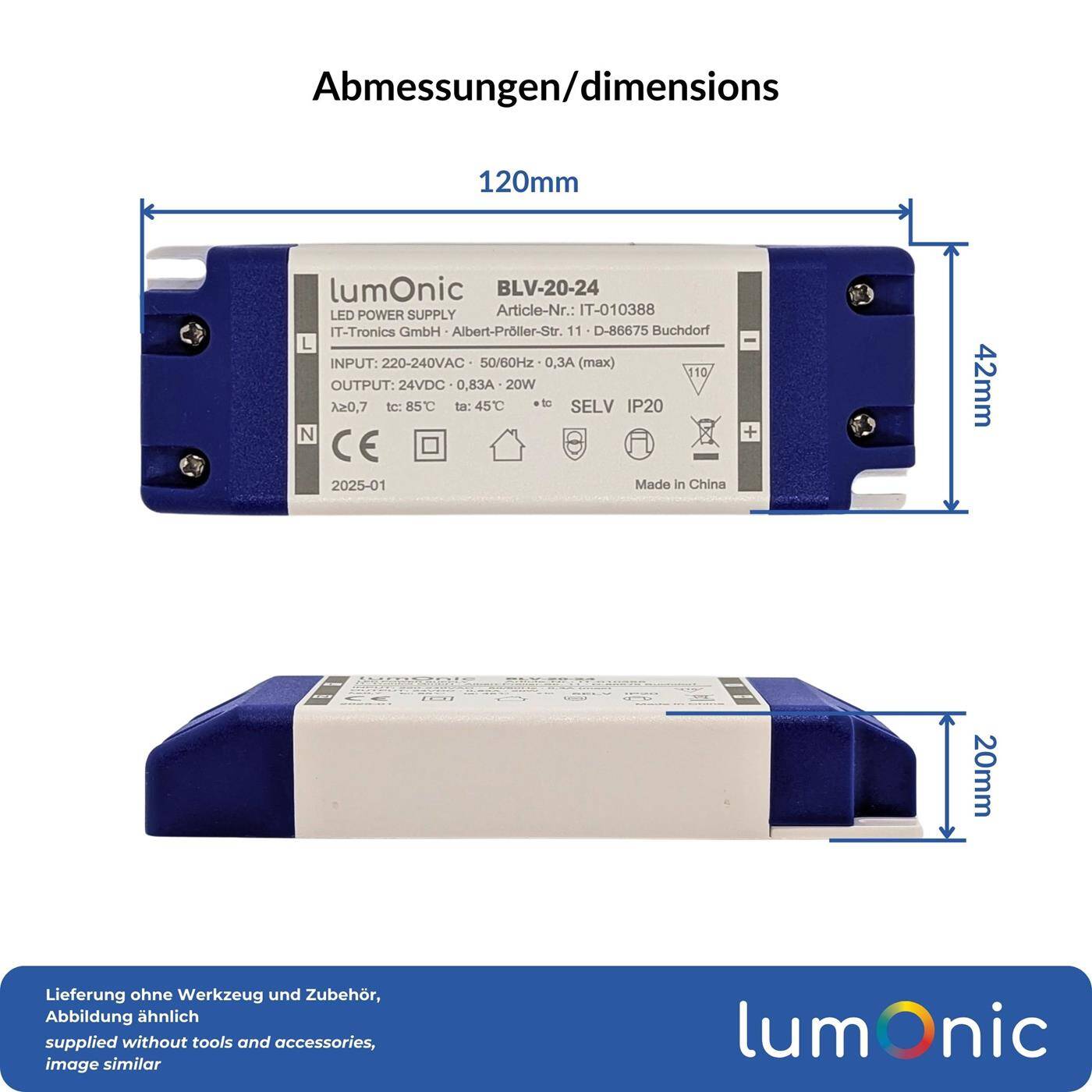 Lumonic I LED transformer BLV-20-24 I 24V 20W I Input 220-230VAC I flicker-free I Overload protection I LED power supply unit I for LED lighting