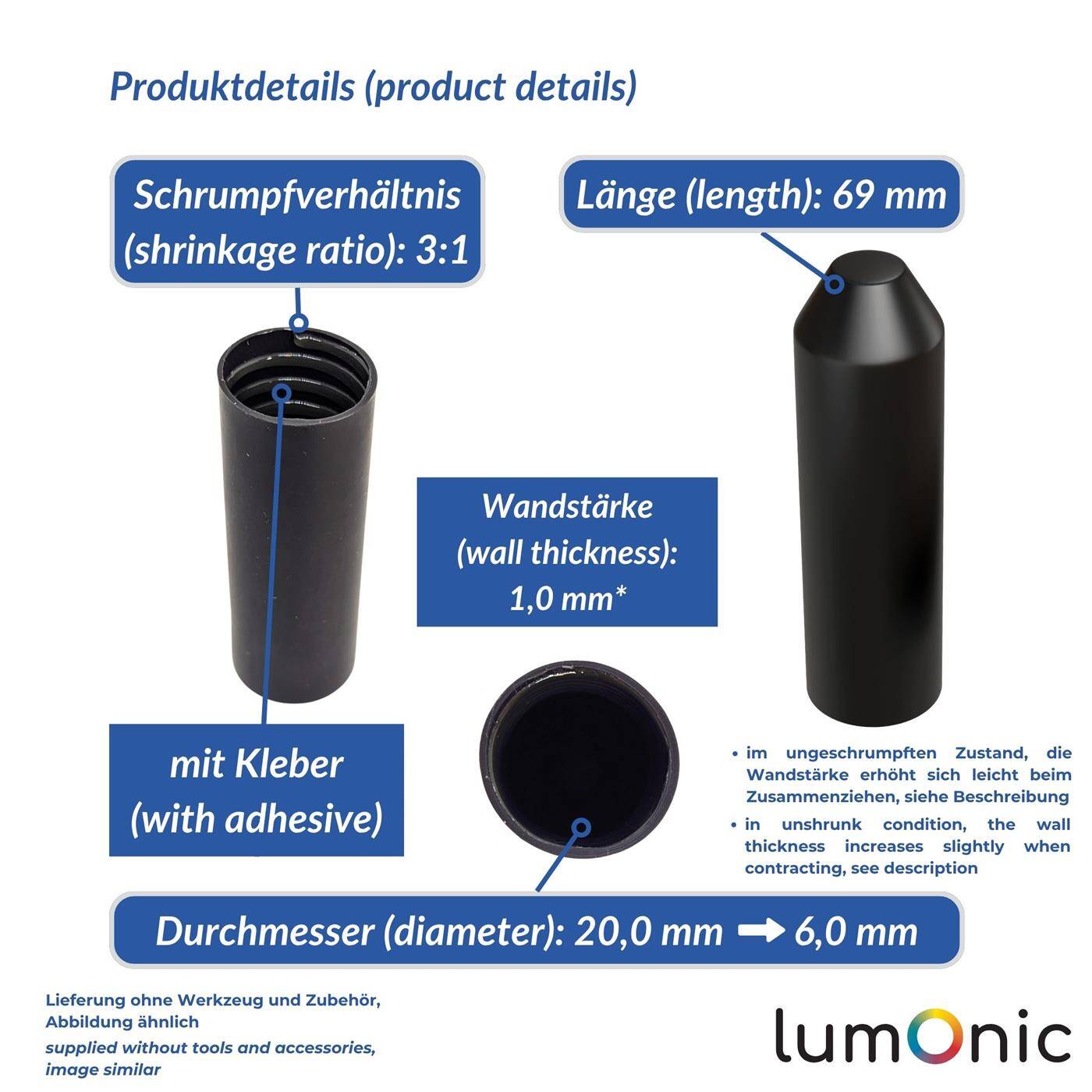 Heat-shrink end cap with adhesive 20 -> 6mm black Ratio 3:1 cross-linked polyolefin Shrink cap for cables, pipes and ropes