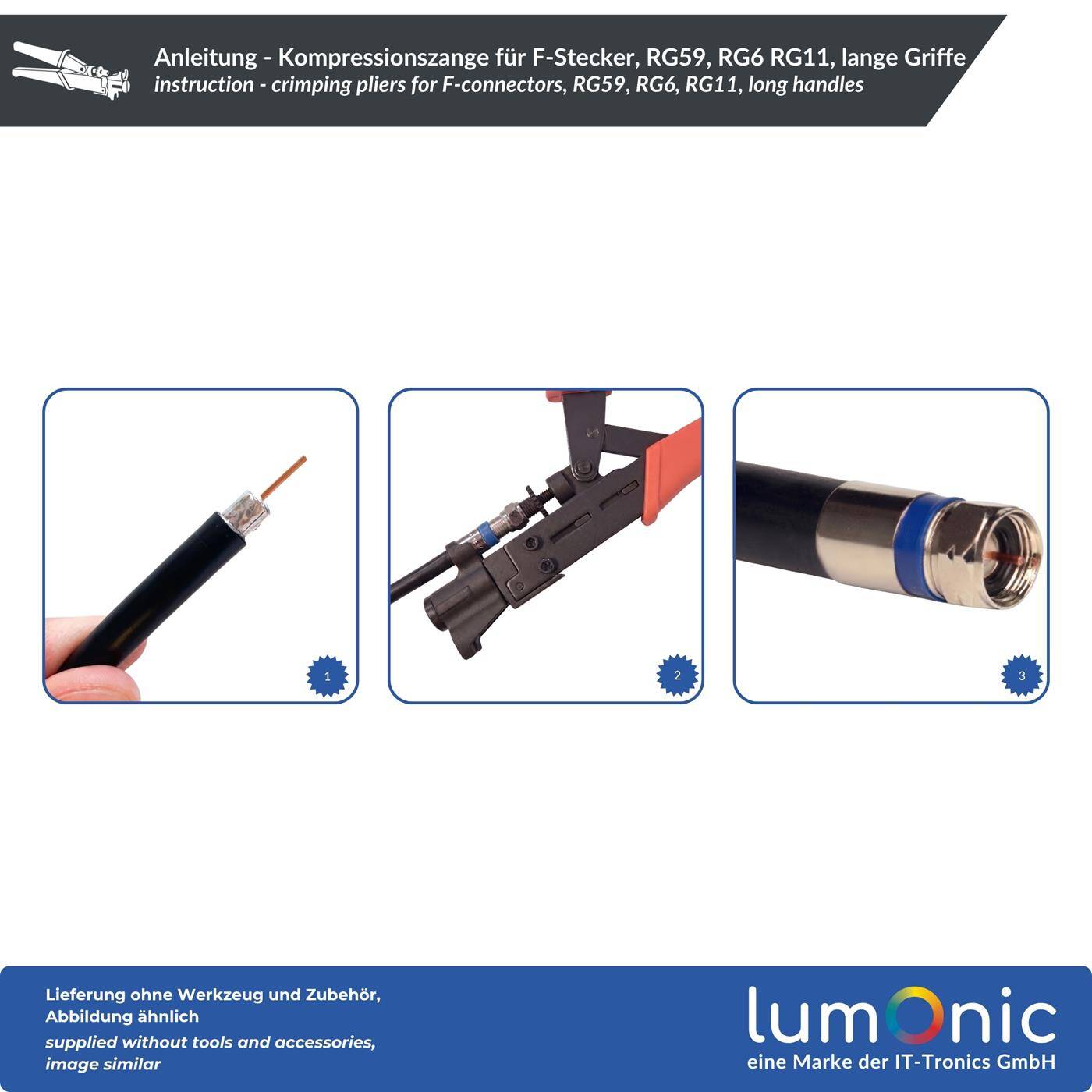 Lumonic Compression Pliers for F-Connectors, RG59, RG6, RG11, Long Handles - Adjustment Wheel for RG59, RG6, and RG11, Axial Compression, Metal, Longer Handles, for Coaxial Cables, Satellite Cables, Splitters