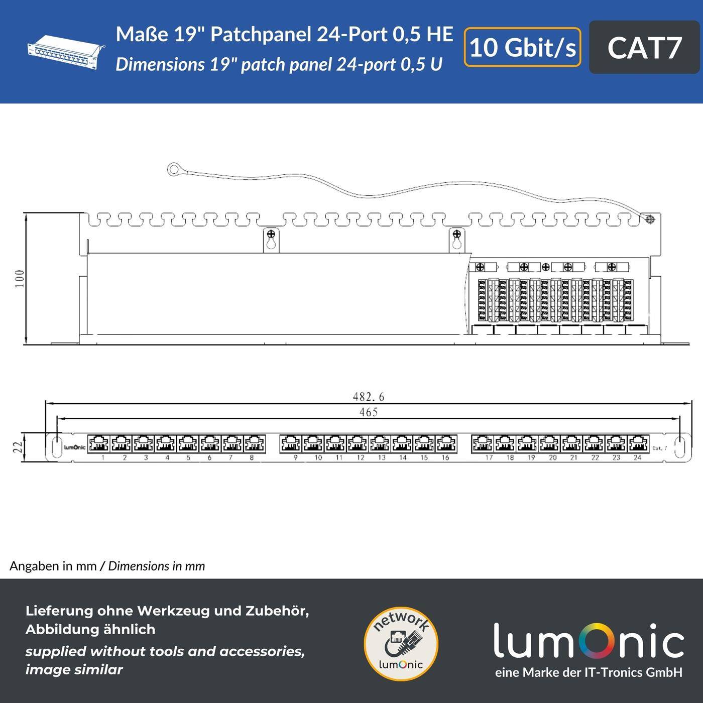Lumonic 19" Patchpanel CAT7 | 24 Port, platzsparende 0,5HE | LSA-Montage, T568A/B farbcodiert | Rackmontage | geschirmtes, schwarzes Patchfeld | Kabelmanagement | 10 Gbit/s PoE